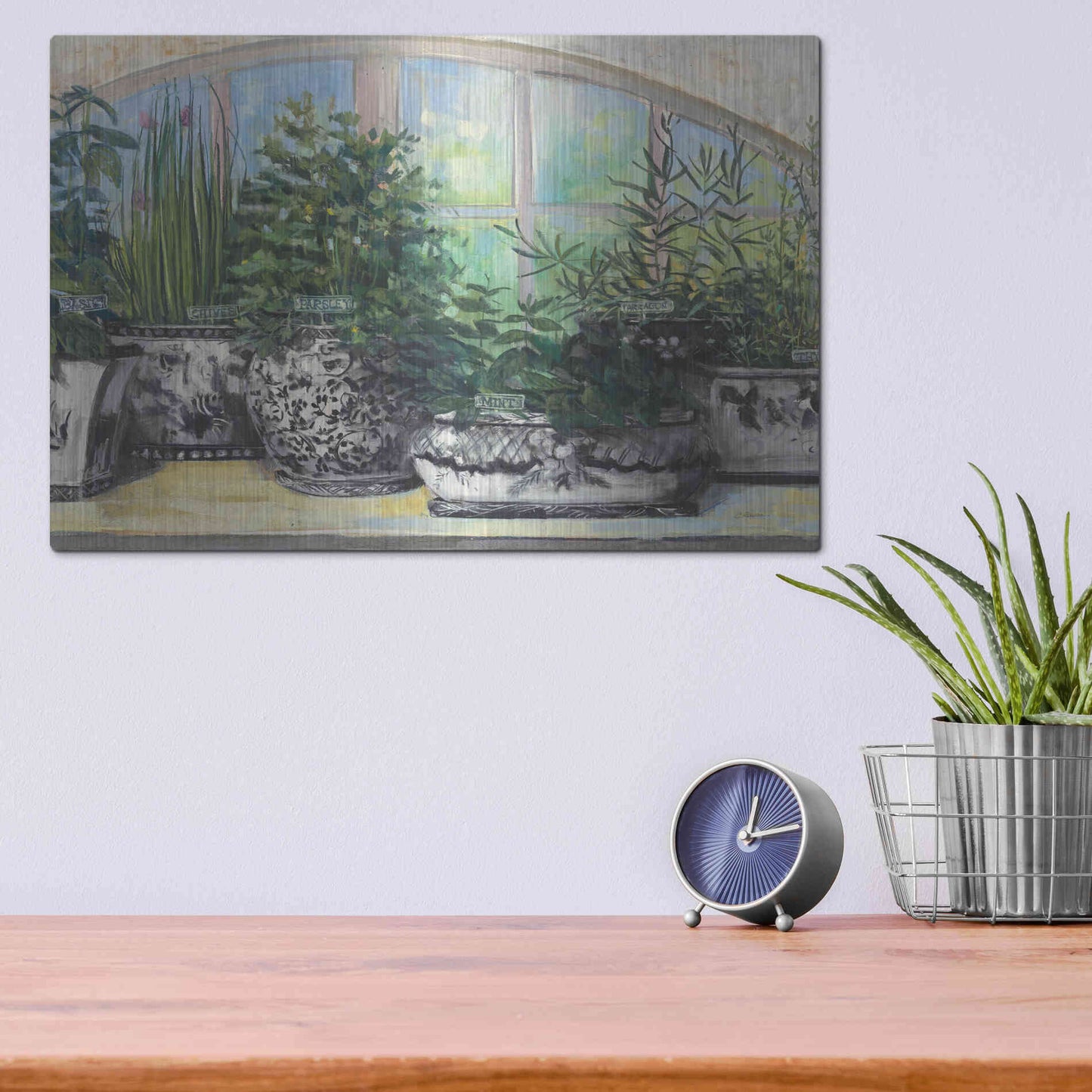 Luxe Metal Art 'Windowsill Herbs Bw Vases Crop' by Carol Rowan, Metal Wall Art,16x12