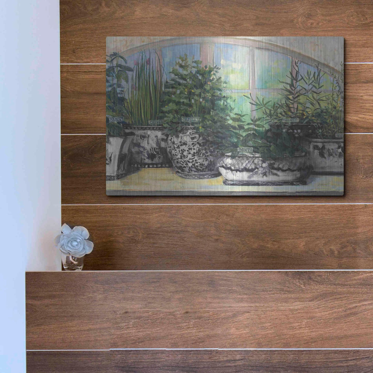 Luxe Metal Art 'Windowsill Herbs Bw Vases Crop' by Carol Rowan, Metal Wall Art,16x12