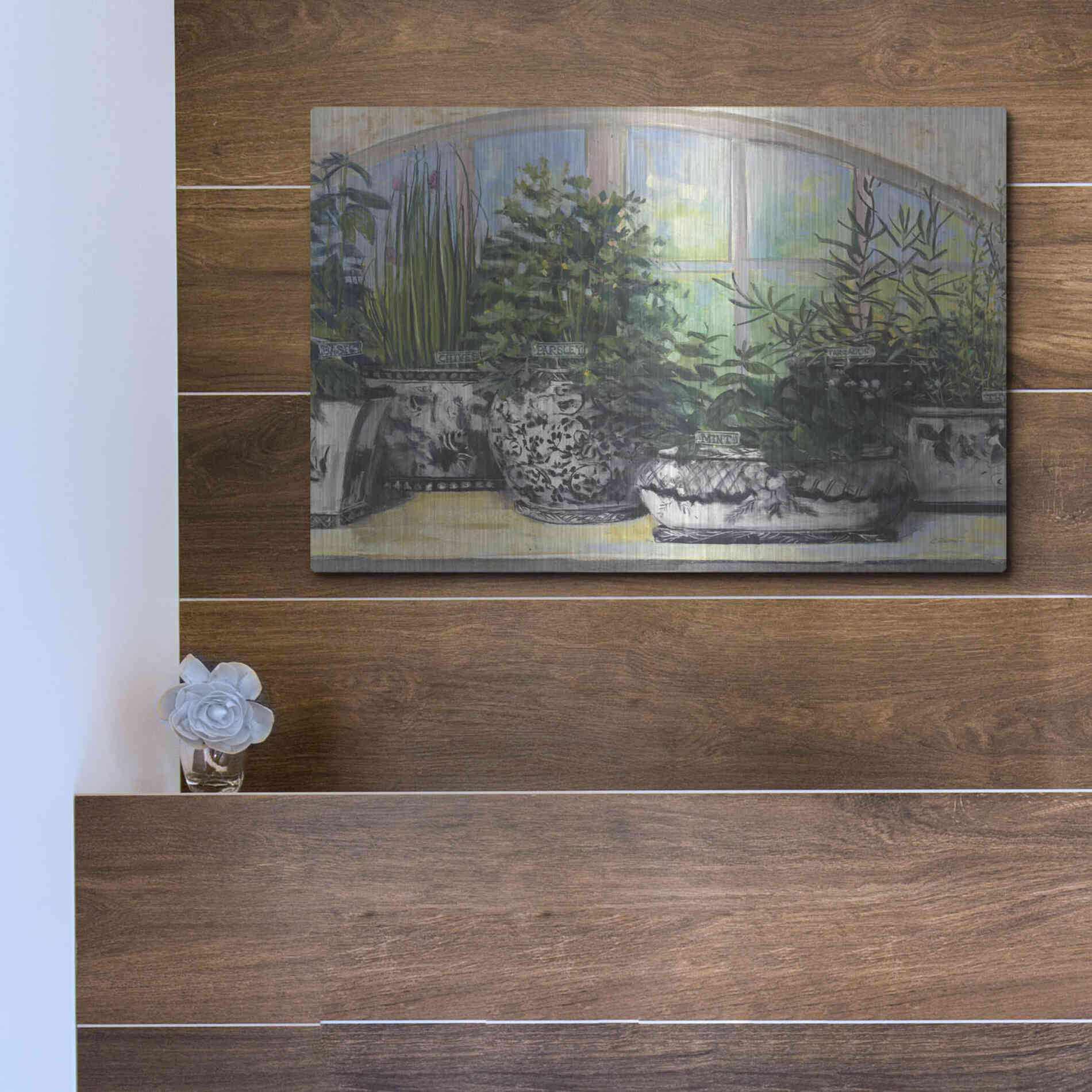 Luxe Metal Art 'Windowsill Herbs Bw Vases Crop' by Carol Rowan, Metal Wall Art,16x12