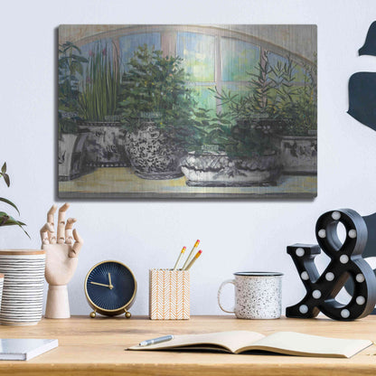 Luxe Metal Art 'Windowsill Herbs Bw Vases Crop' by Carol Rowan, Metal Wall Art,16x12