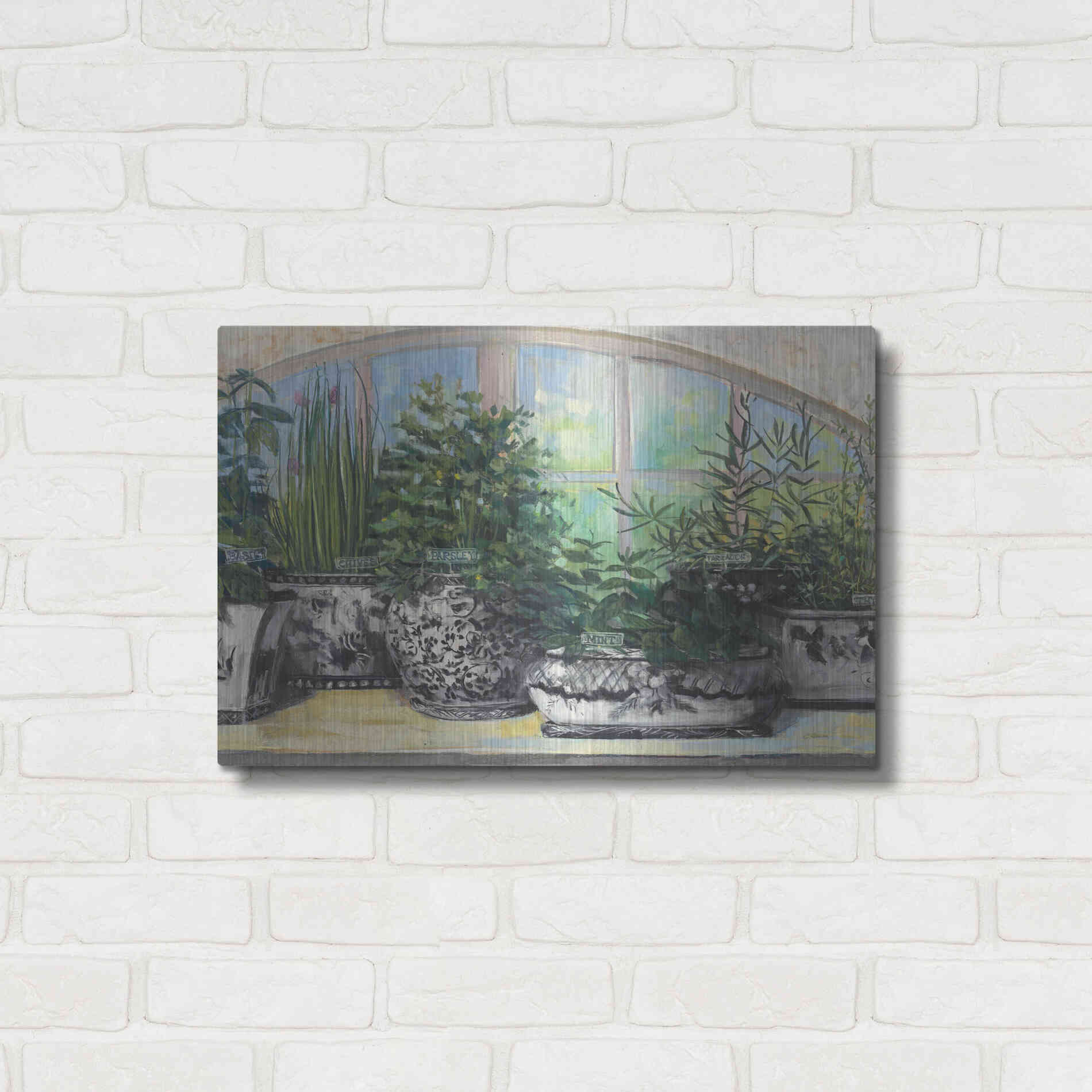 Luxe Metal Art 'Windowsill Herbs Bw Vases Crop' by Carol Rowan, Metal Wall Art,24x16