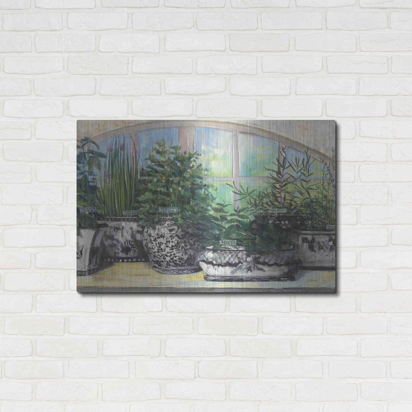 Luxe Metal Art 'Windowsill Herbs Bw Vases Crop' by Carol Rowan, Metal Wall Art,36x24