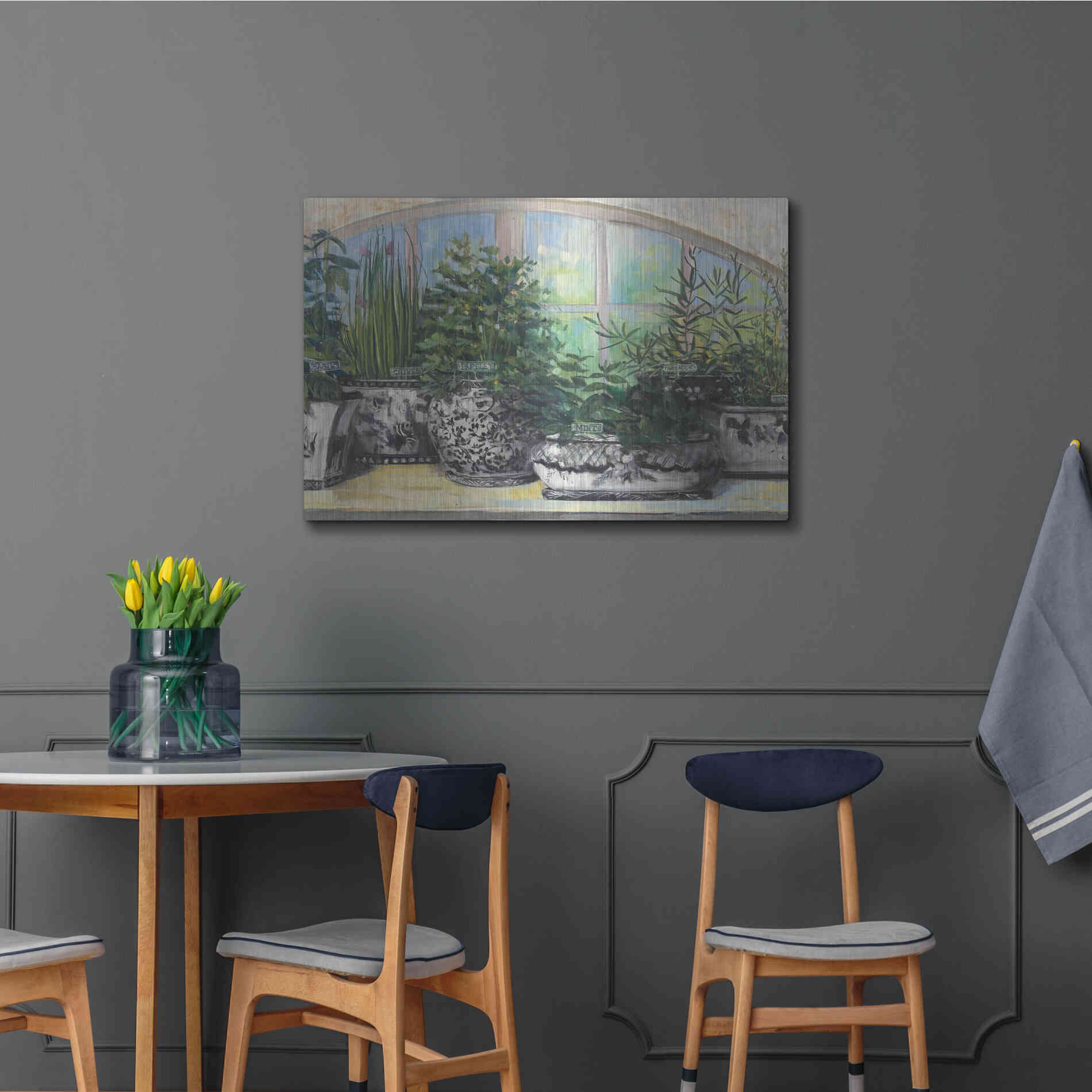 Luxe Metal Art 'Windowsill Herbs Bw Vases Crop' by Carol Rowan, Metal Wall Art,36x24