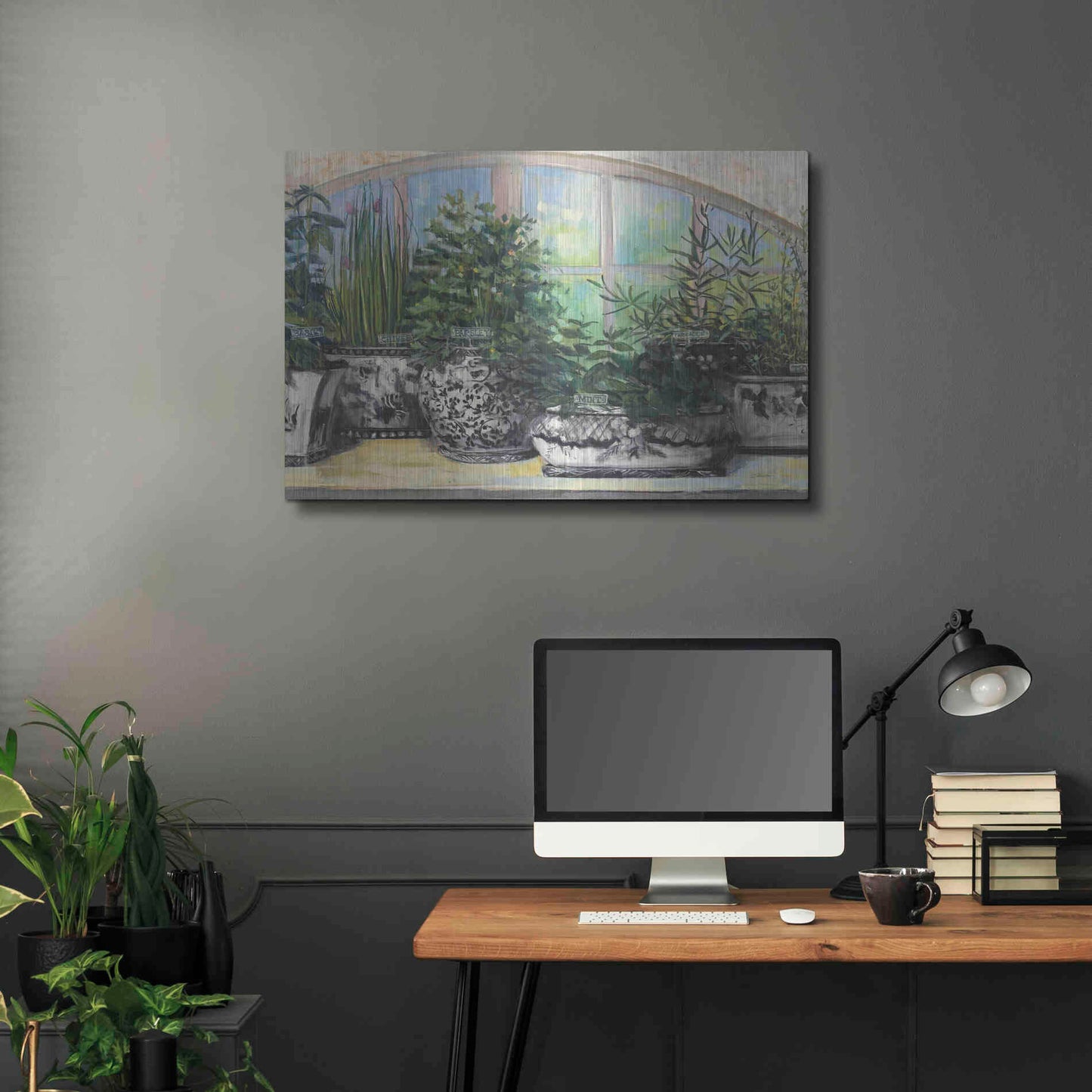 Luxe Metal Art 'Windowsill Herbs Bw Vases Crop' by Carol Rowan, Metal Wall Art,36x24