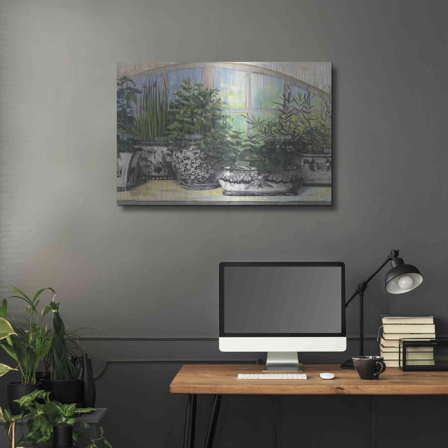 Luxe Metal Art 'Windowsill Herbs Bw Vases Crop' by Carol Rowan, Metal Wall Art,36x24