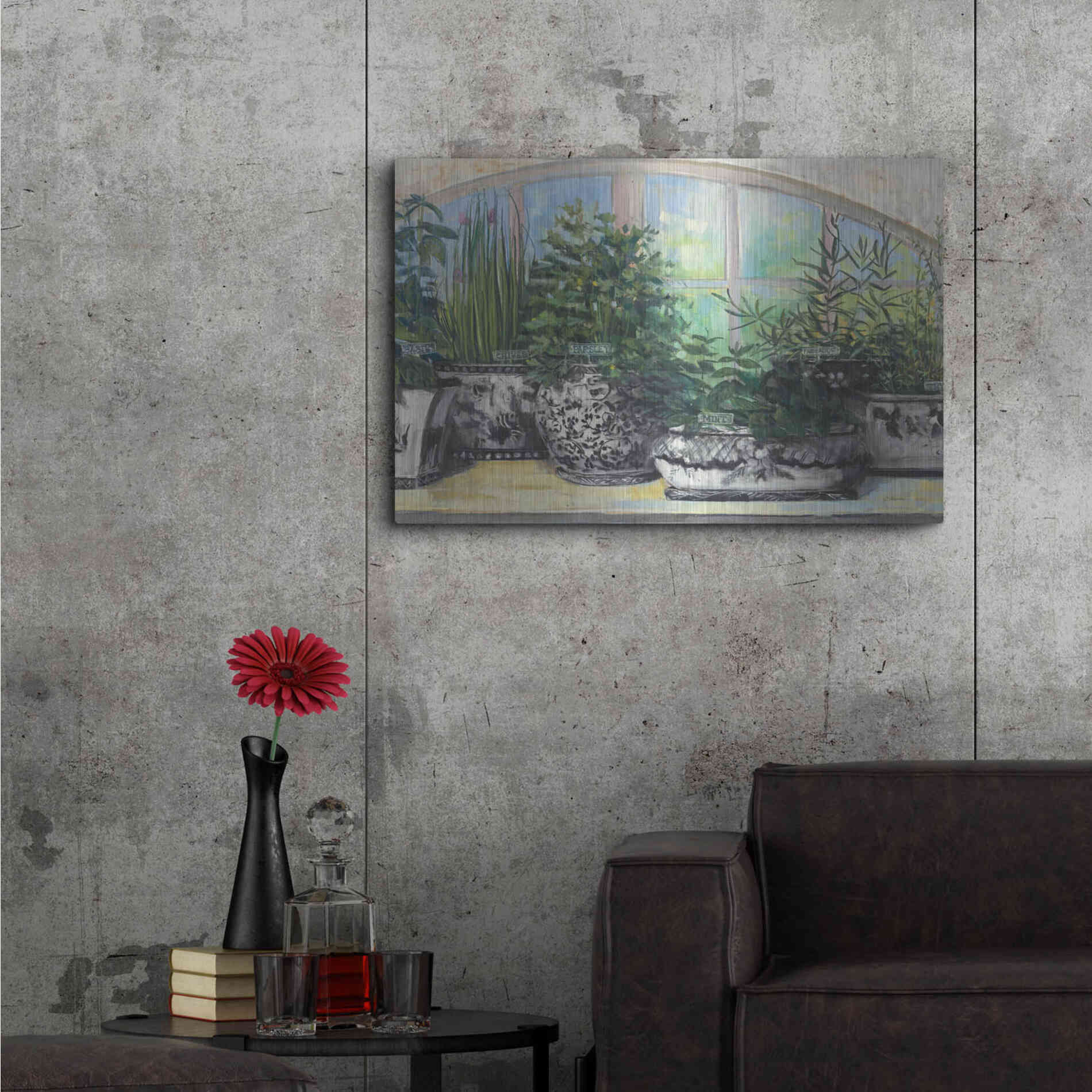 Luxe Metal Art 'Windowsill Herbs Bw Vases Crop' by Carol Rowan, Metal Wall Art,36x24