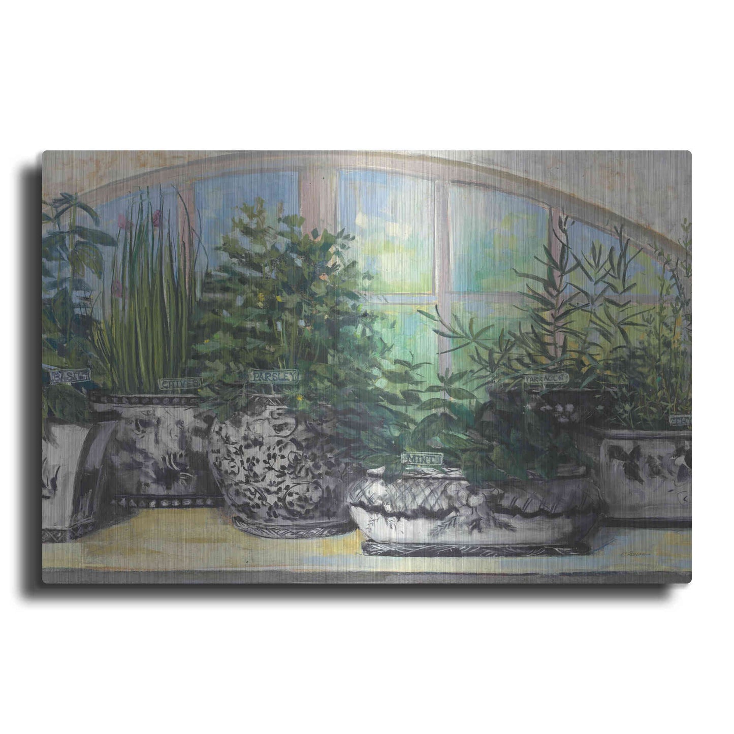 Luxe Metal Art 'Windowsill Herbs Bw Vases Crop' by Carol Rowan, Metal Wall Art