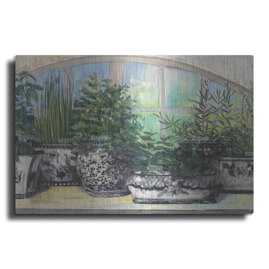 Luxe Metal Art 'Windowsill Herbs Bw Vases Crop' by Carol Rowan, Metal Wall Art