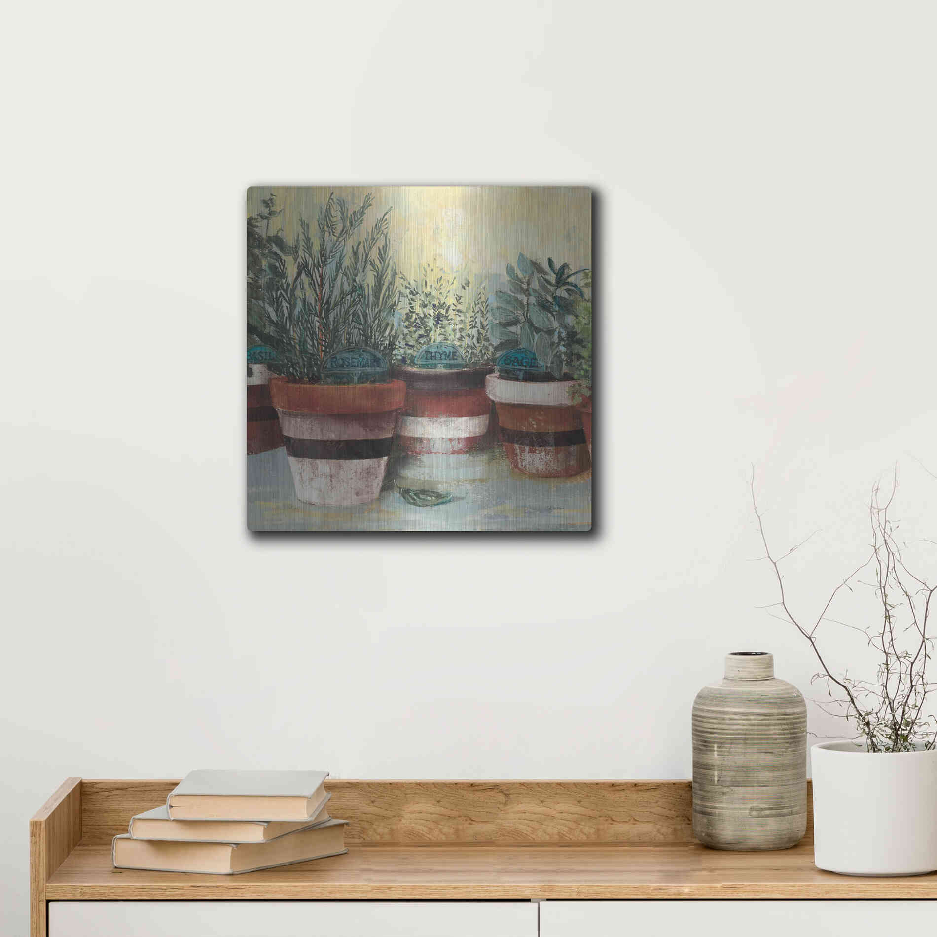Luxe Metal Art 'Potted Herbs II Stripes Crop' by Carol Rowan, Metal Wall Art,12x12