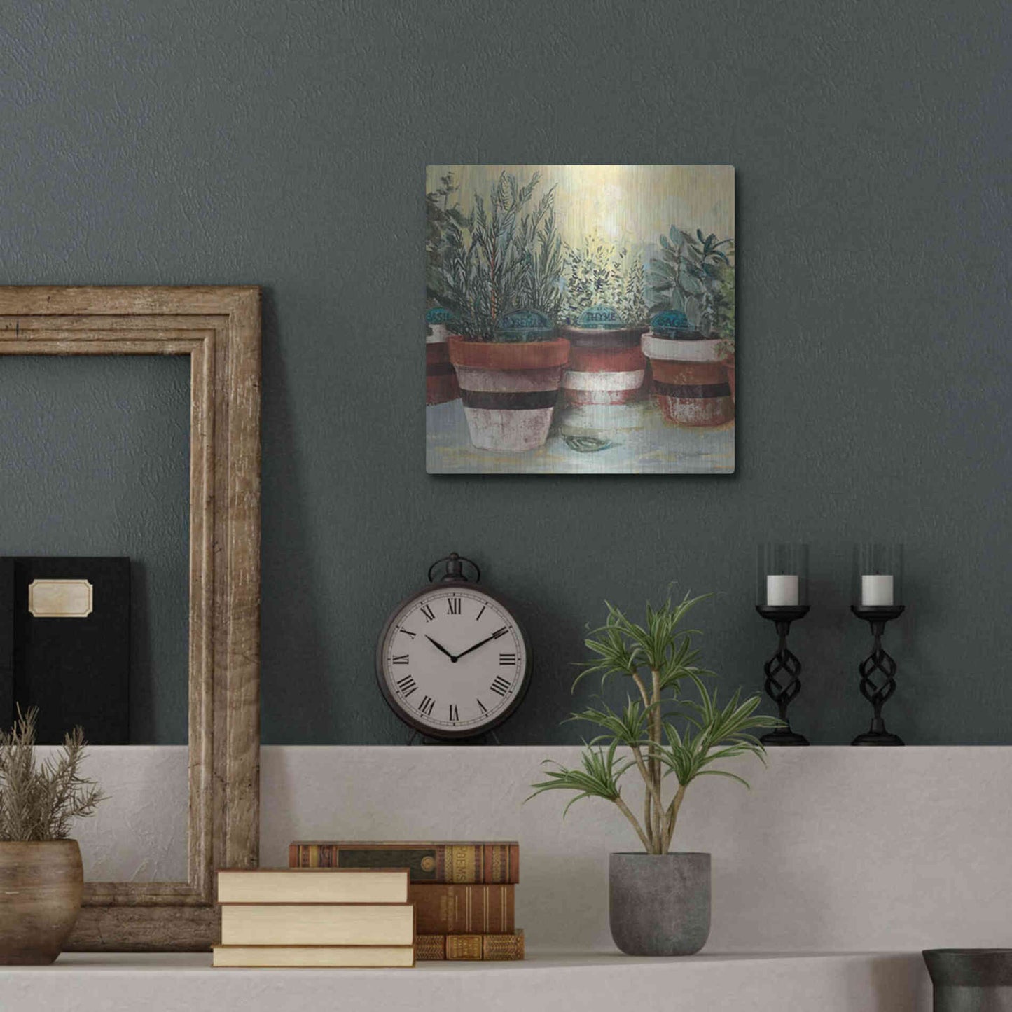 Luxe Metal Art 'Potted Herbs II Stripes Crop' by Carol Rowan, Metal Wall Art,12x12