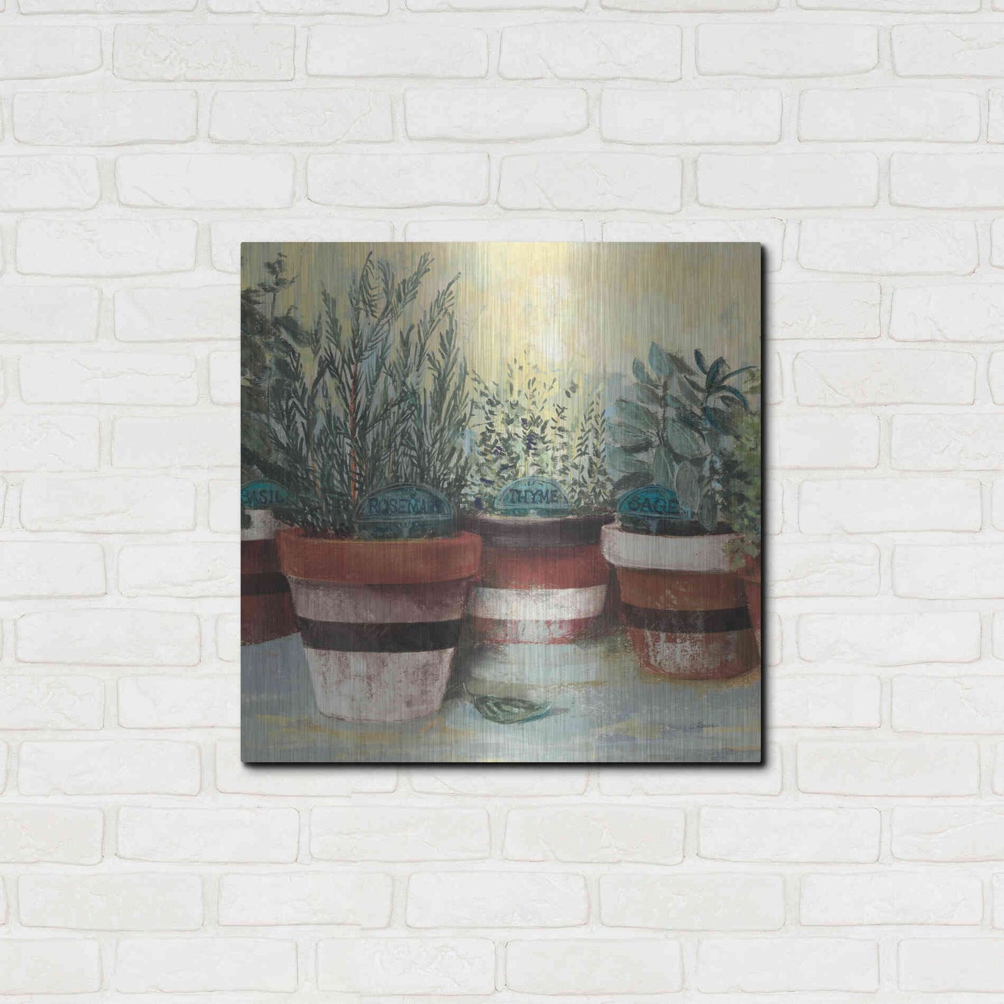 Luxe Metal Art 'Potted Herbs II Stripes Crop' by Carol Rowan, Metal Wall Art,24x24