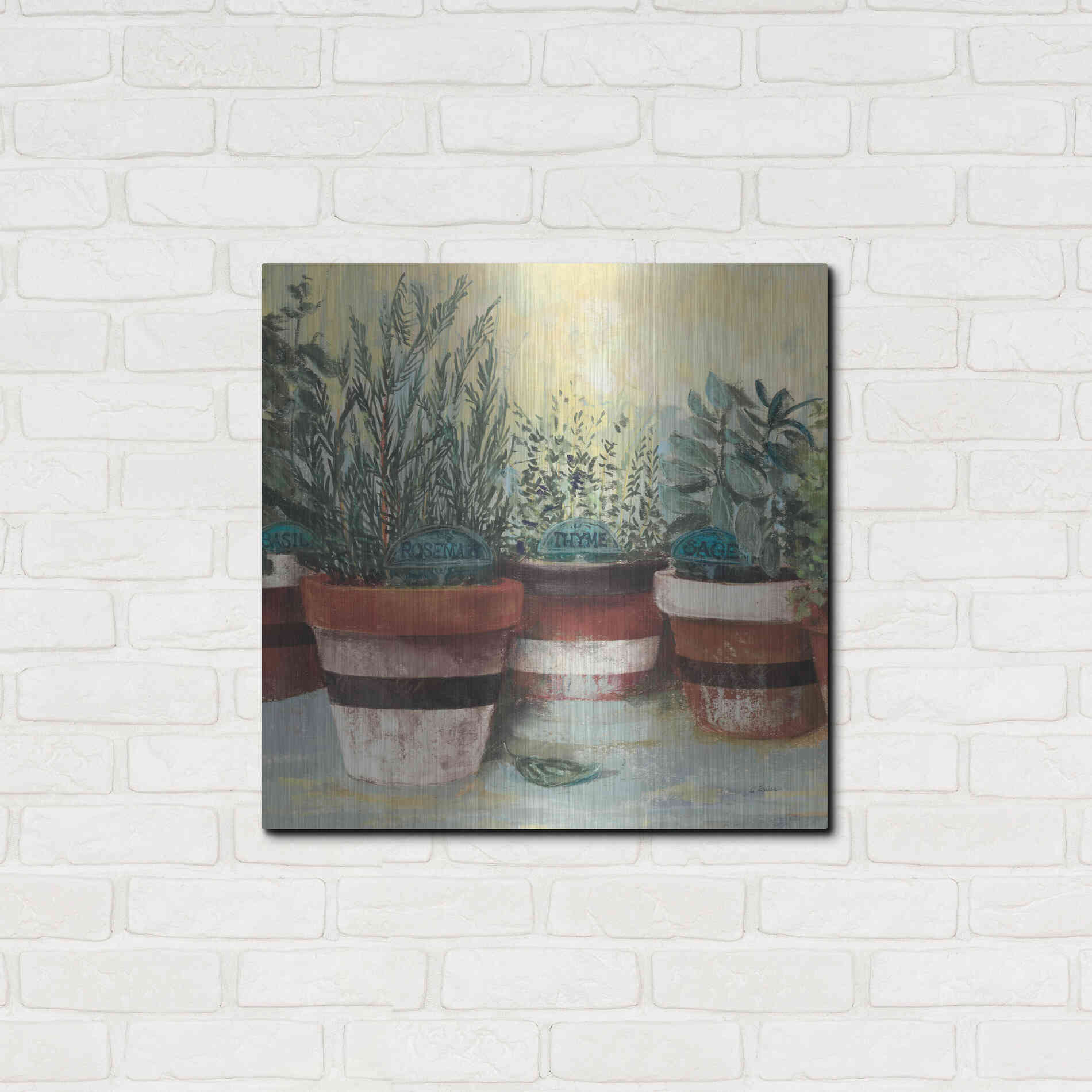 Luxe Metal Art 'Potted Herbs II Stripes Crop' by Carol Rowan, Metal Wall Art,24x24
