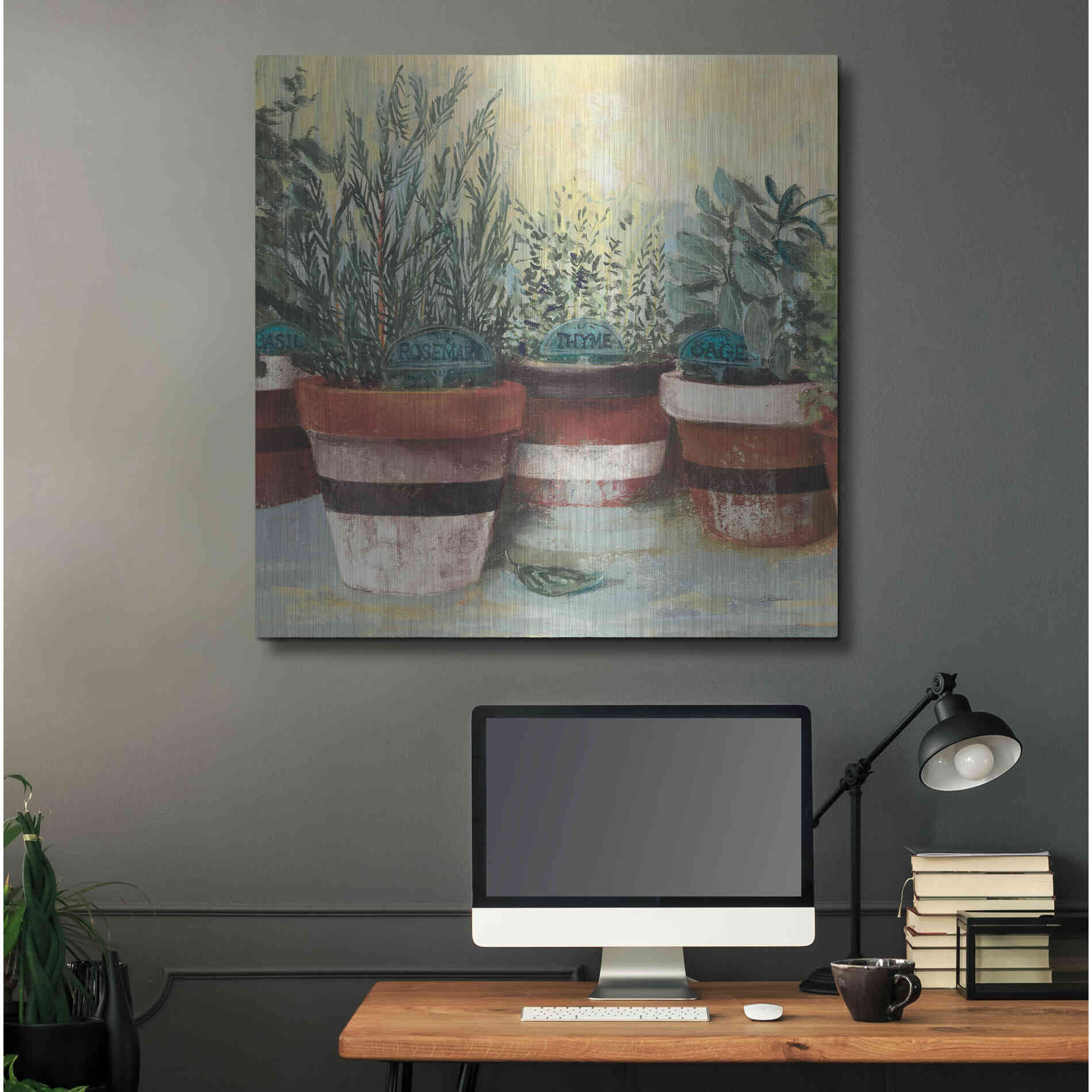 Luxe Metal Art 'Potted Herbs II Stripes Crop' by Carol Rowan, Metal Wall Art,36x36