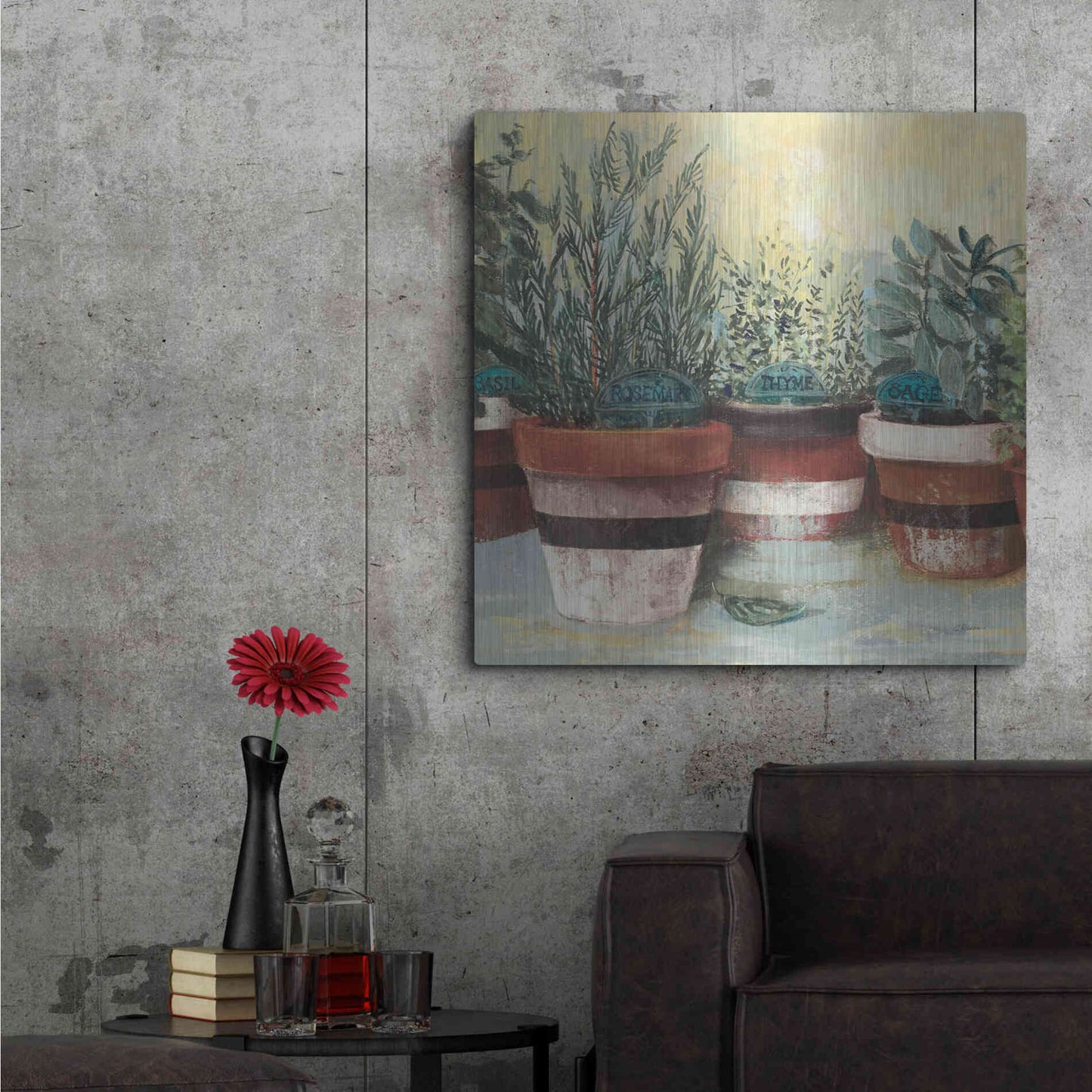 Luxe Metal Art 'Potted Herbs II Stripes Crop' by Carol Rowan, Metal Wall Art,36x36
