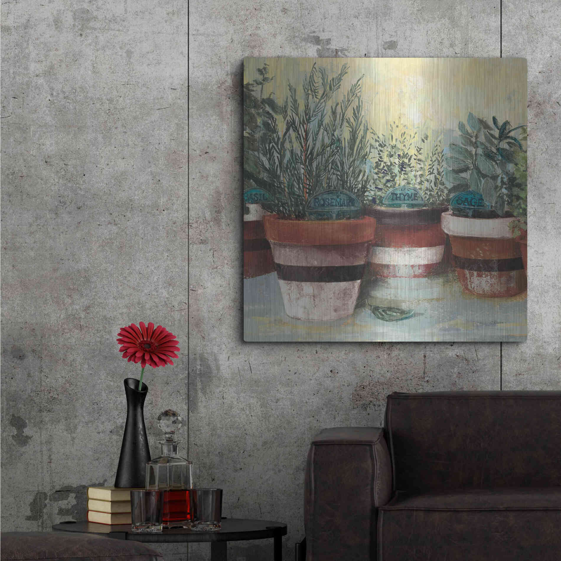 Luxe Metal Art 'Potted Herbs II Stripes Crop' by Carol Rowan, Metal Wall Art,36x36