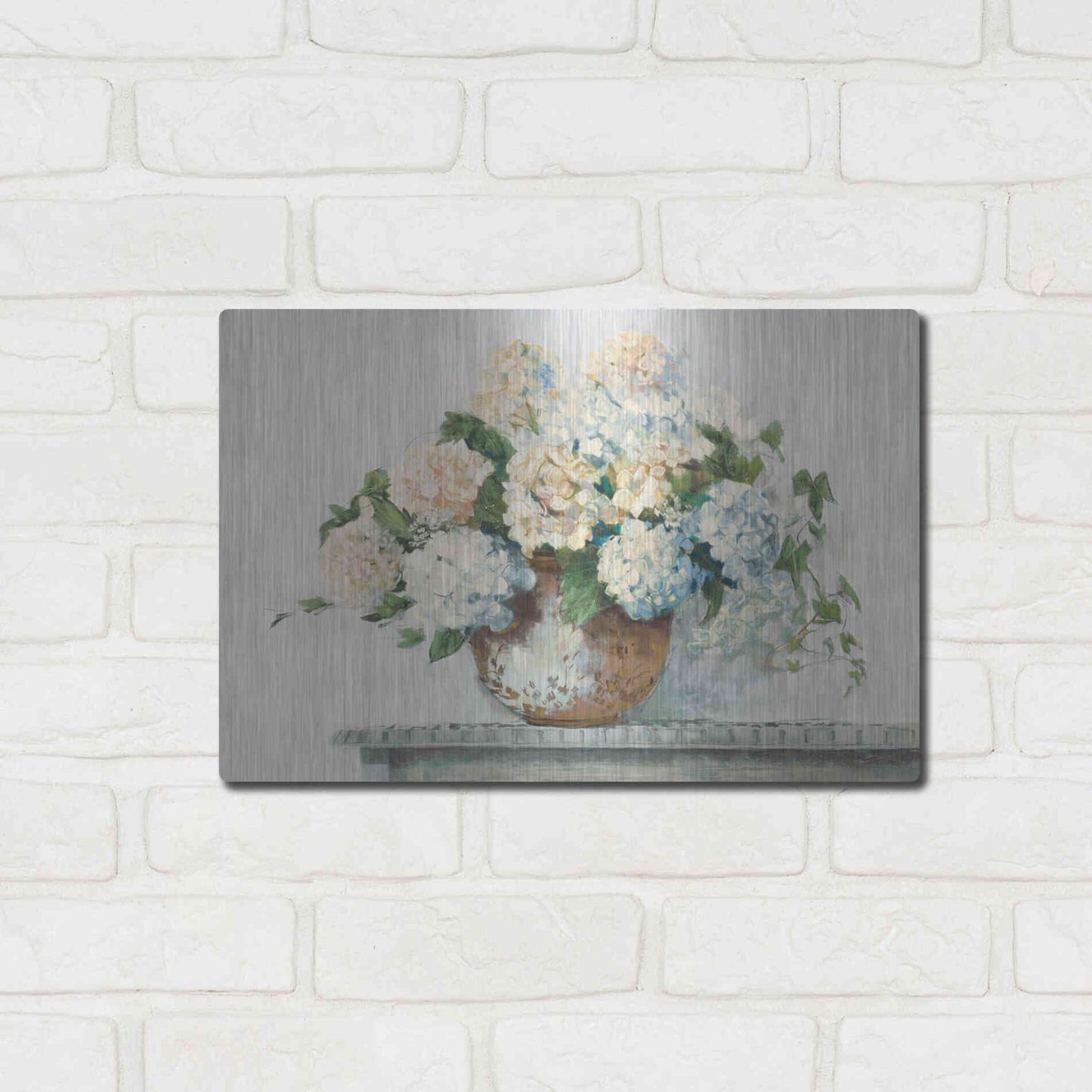 Luxe Metal Art 'White Hydrangea Cottage' by Carol Rowan, Metal Wall Art,16x12