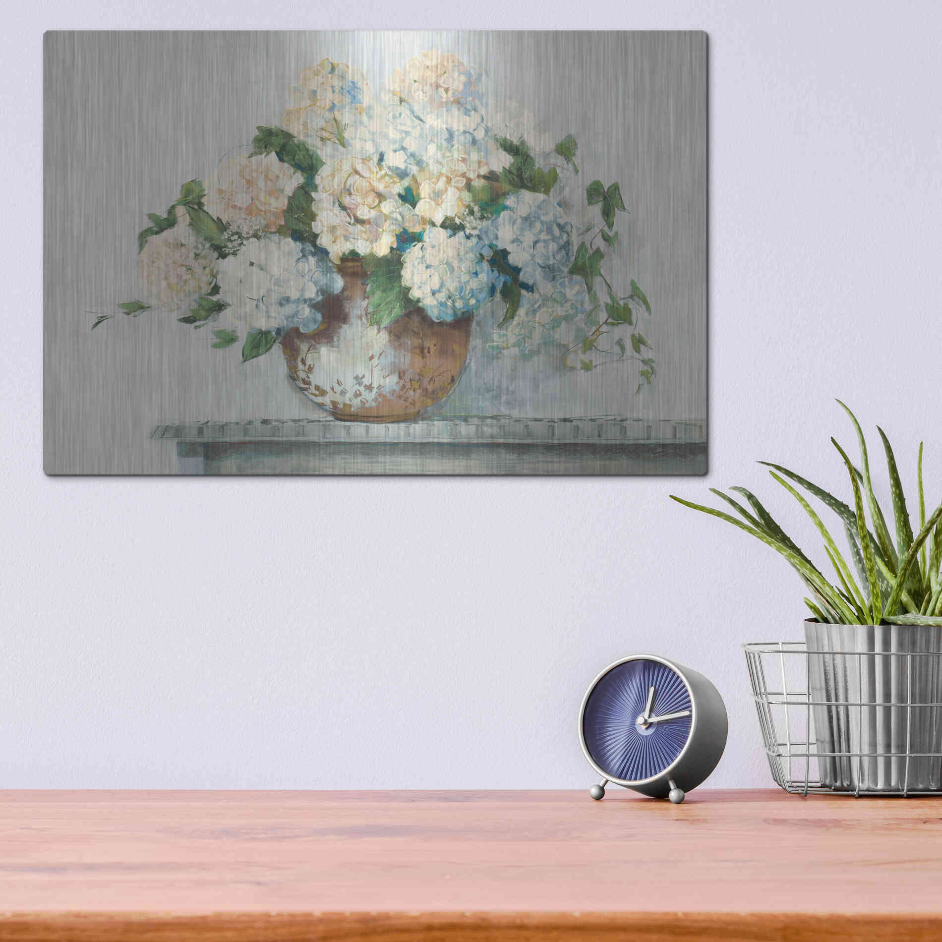 Luxe Metal Art 'White Hydrangea Cottage' by Carol Rowan, Metal Wall Art,16x12