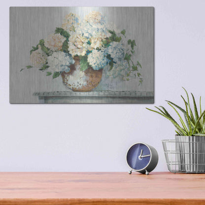 Luxe Metal Art 'White Hydrangea Cottage' by Carol Rowan, Metal Wall Art,16x12