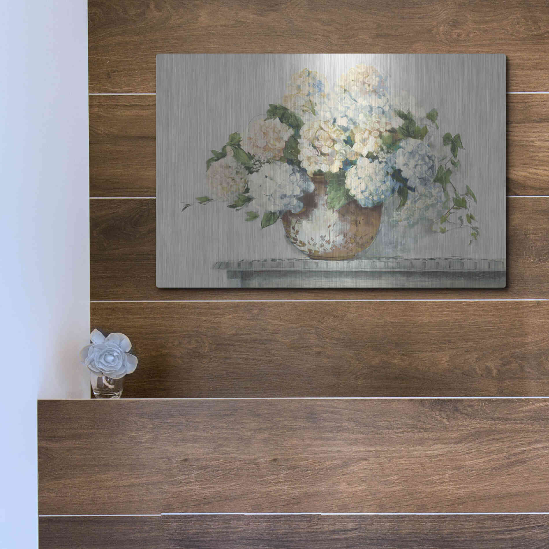 Luxe Metal Art 'White Hydrangea Cottage' by Carol Rowan, Metal Wall Art,16x12