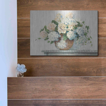 Luxe Metal Art 'White Hydrangea Cottage' by Carol Rowan, Metal Wall Art,16x12
