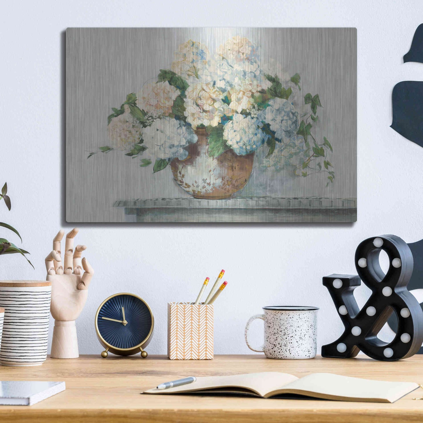 Luxe Metal Art 'White Hydrangea Cottage' by Carol Rowan, Metal Wall Art,16x12