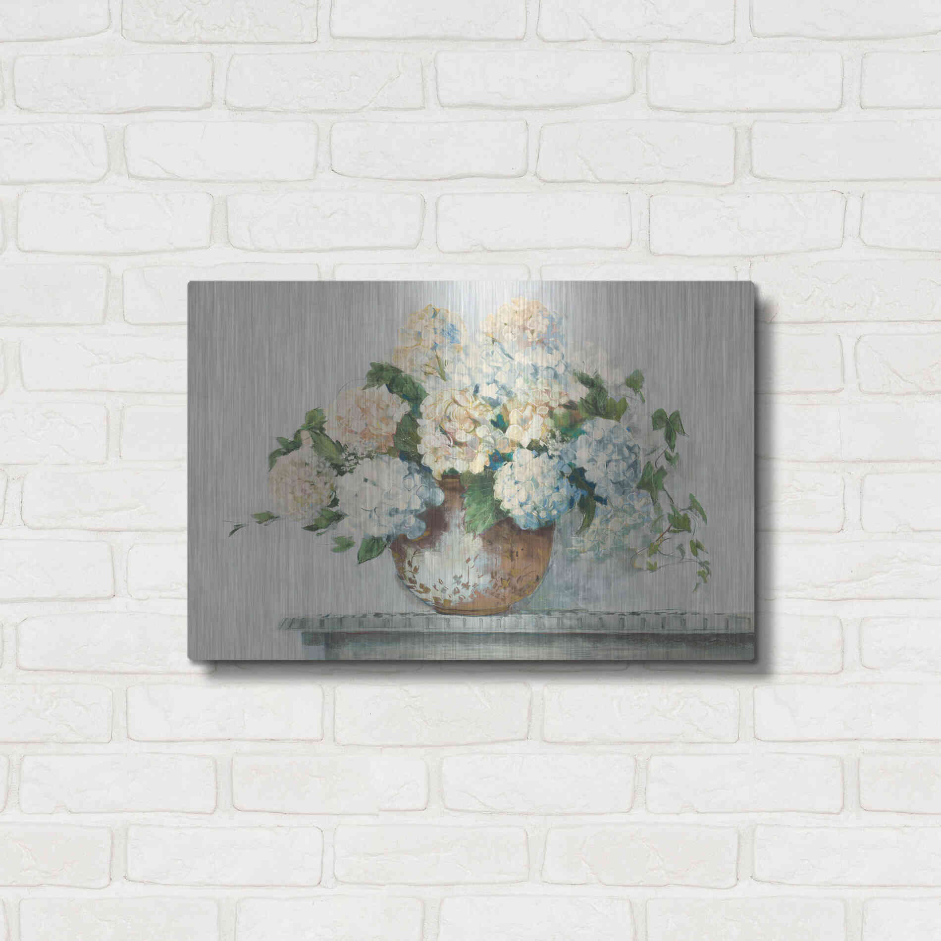 Luxe Metal Art 'White Hydrangea Cottage' by Carol Rowan, Metal Wall Art,24x16