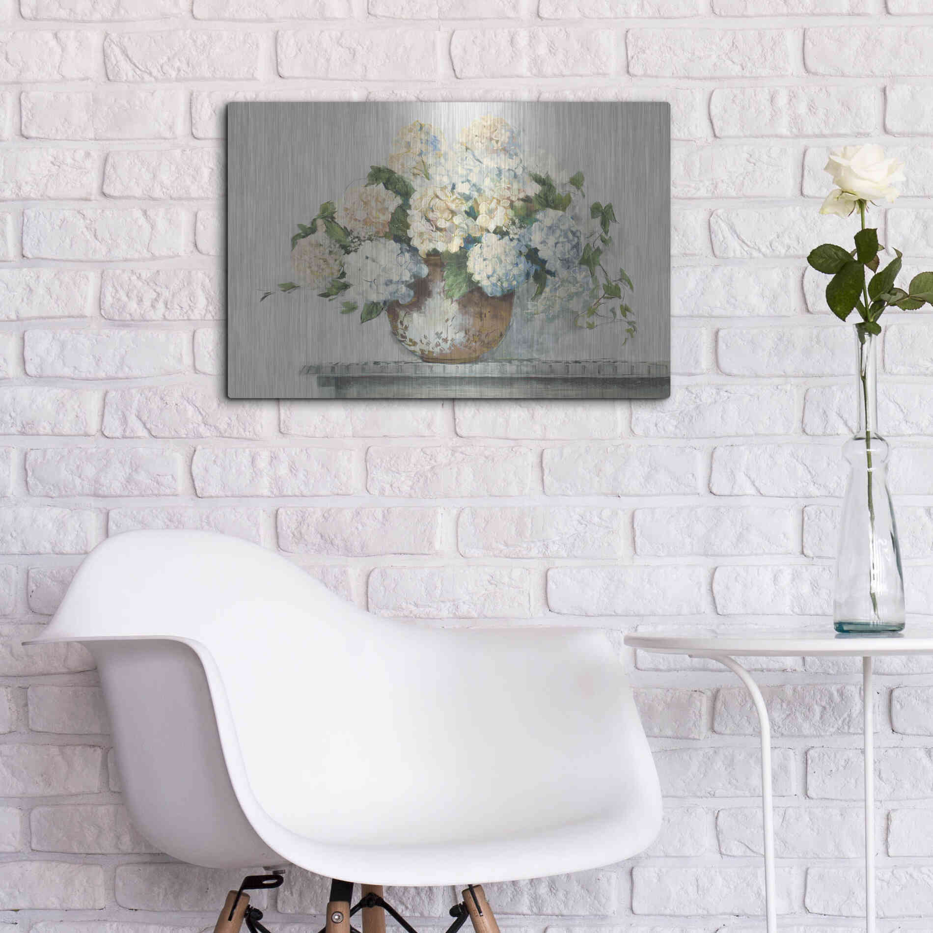 Luxe Metal Art 'White Hydrangea Cottage' by Carol Rowan, Metal Wall Art,24x16