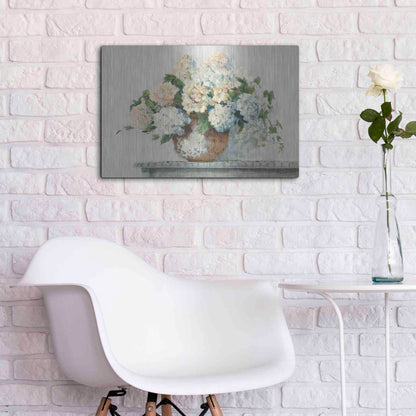 Luxe Metal Art 'White Hydrangea Cottage' by Carol Rowan, Metal Wall Art,24x16