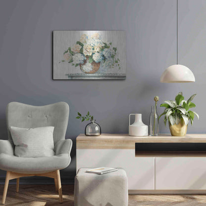 Luxe Metal Art 'White Hydrangea Cottage' by Carol Rowan, Metal Wall Art,24x16