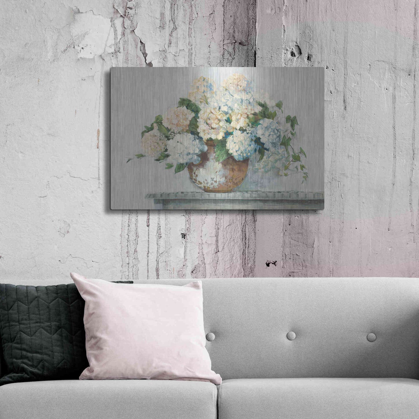 Luxe Metal Art 'White Hydrangea Cottage' by Carol Rowan, Metal Wall Art,36x24