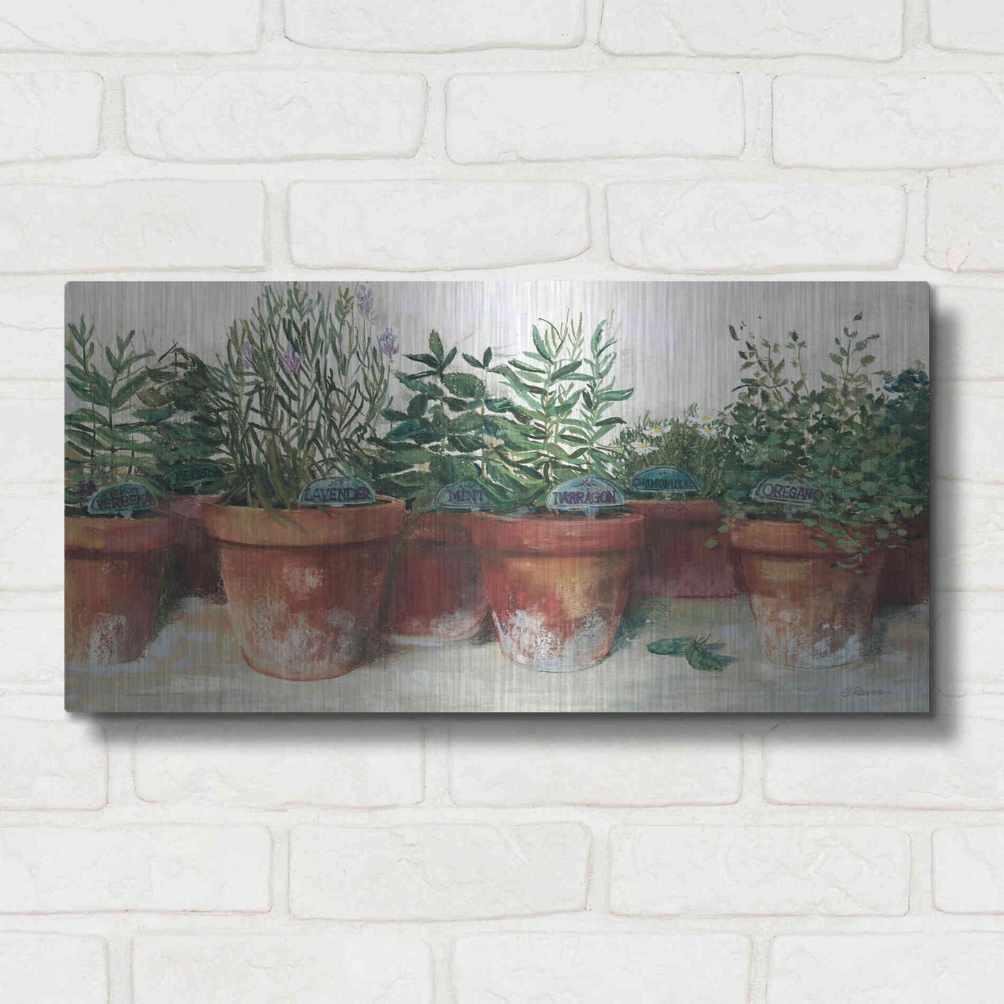 Luxe Metal Art 'Pots Of Herbs I White' by Carol Rowan, Metal Wall Art,24x12