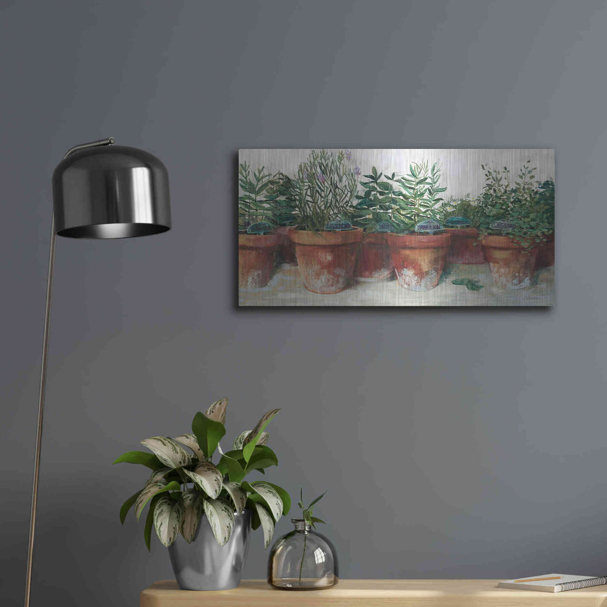 Luxe Metal Art 'Pots Of Herbs I White' by Carol Rowan, Metal Wall Art,24x12
