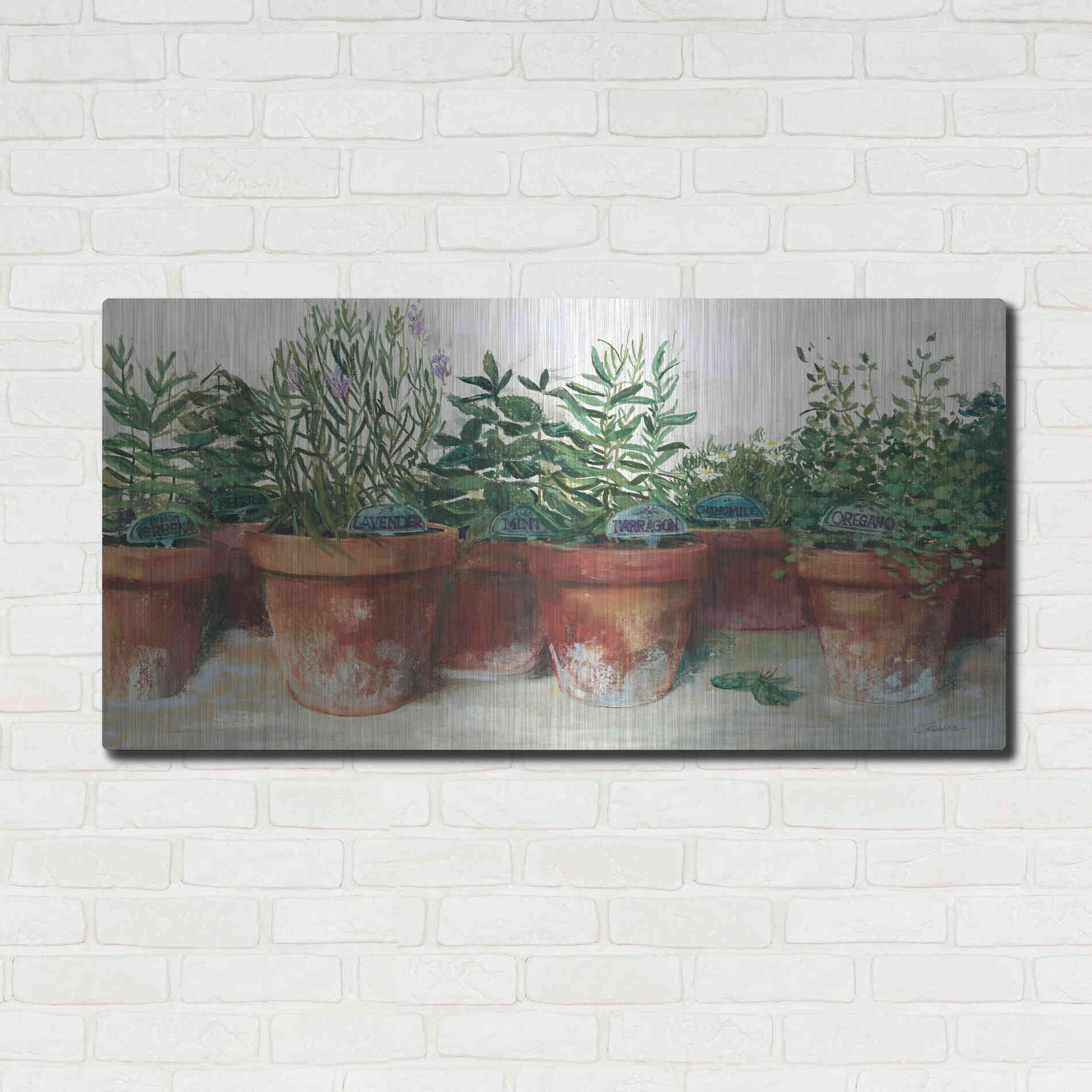 Luxe Metal Art 'Pots Of Herbs I White' by Carol Rowan, Metal Wall Art,48x24