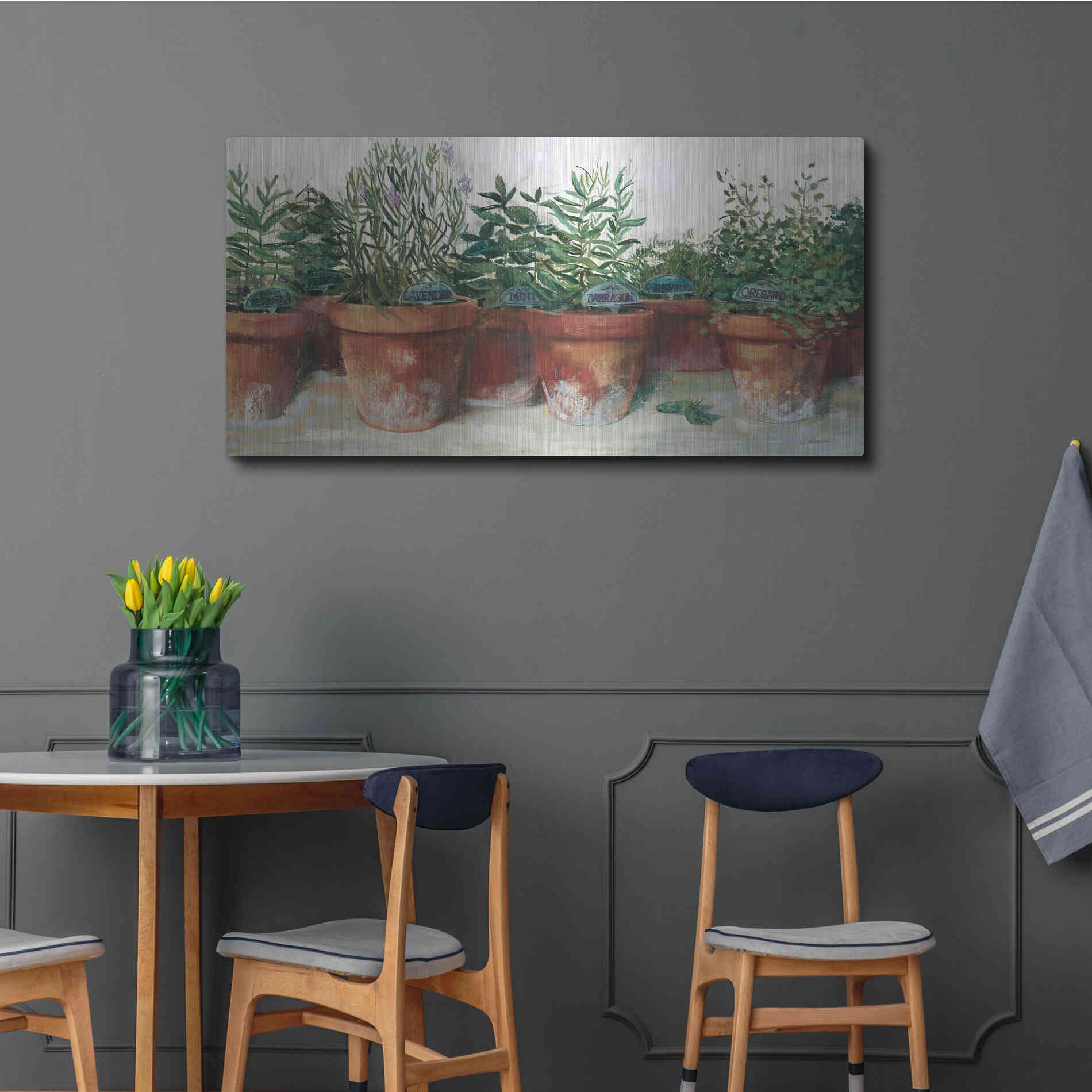 Luxe Metal Art 'Pots Of Herbs I White' by Carol Rowan, Metal Wall Art,48x24