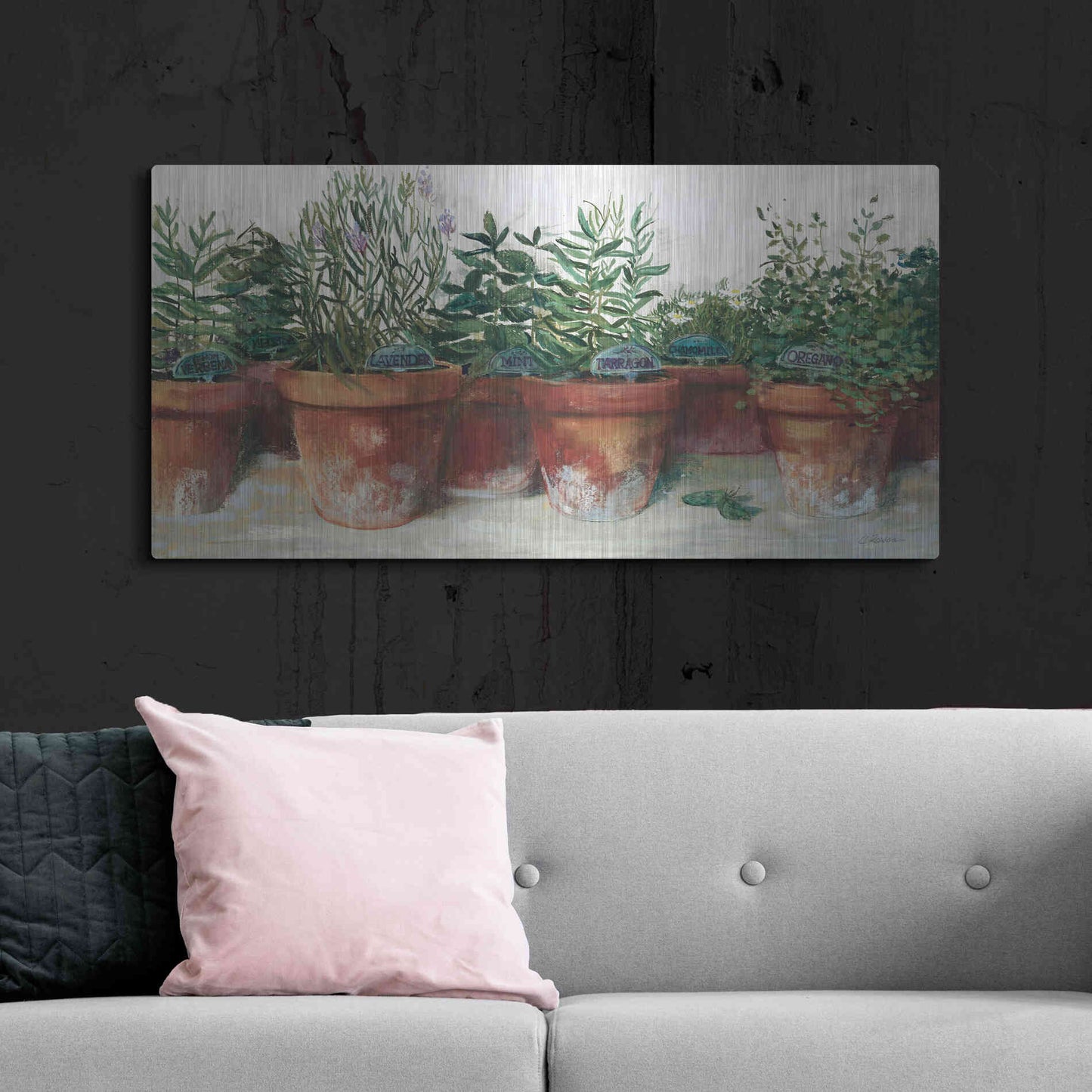 Luxe Metal Art 'Pots Of Herbs I White' by Carol Rowan, Metal Wall Art,48x24