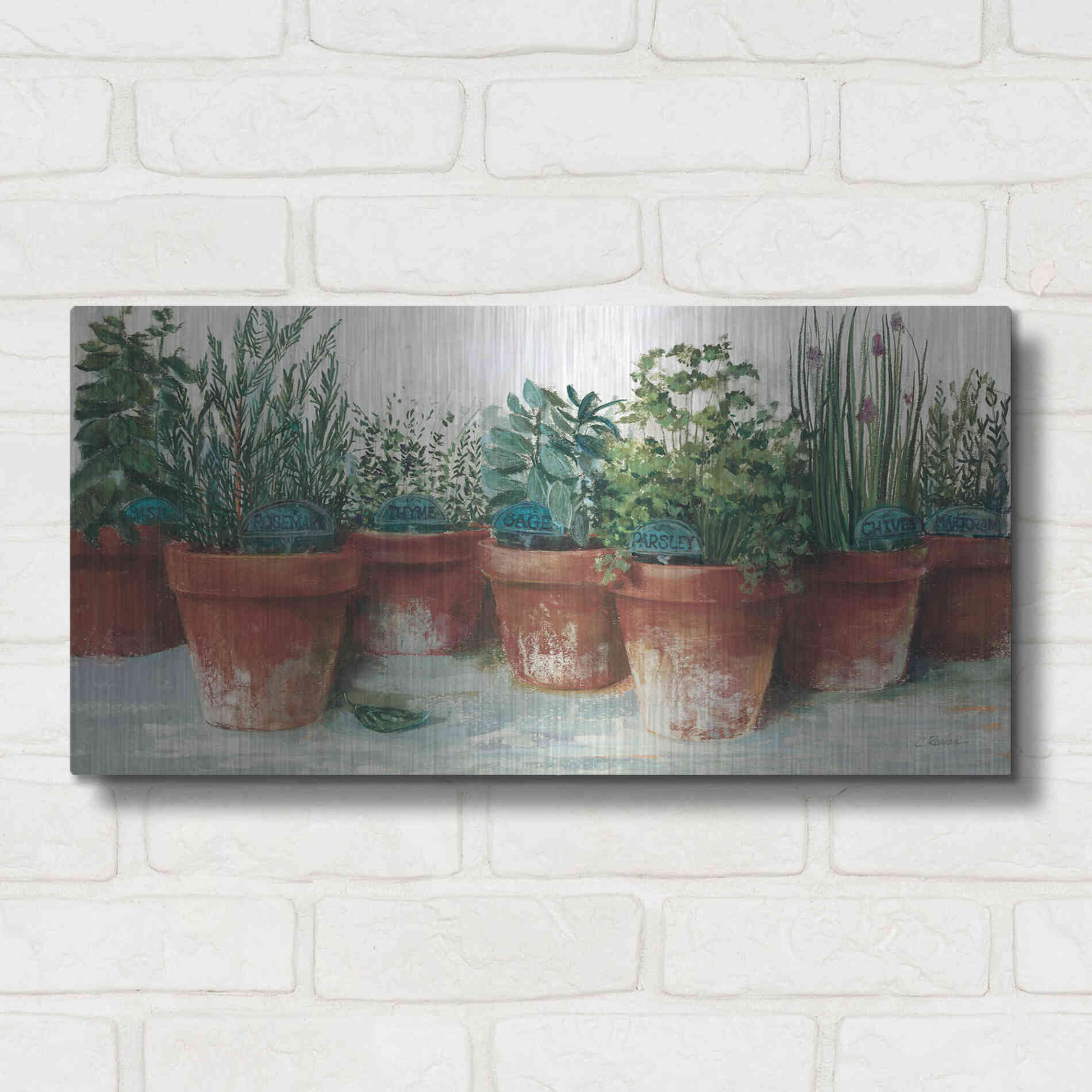 Luxe Metal Art 'Pots Of Herbs II White' by Carol Rowan, Metal Wall Art,24x12