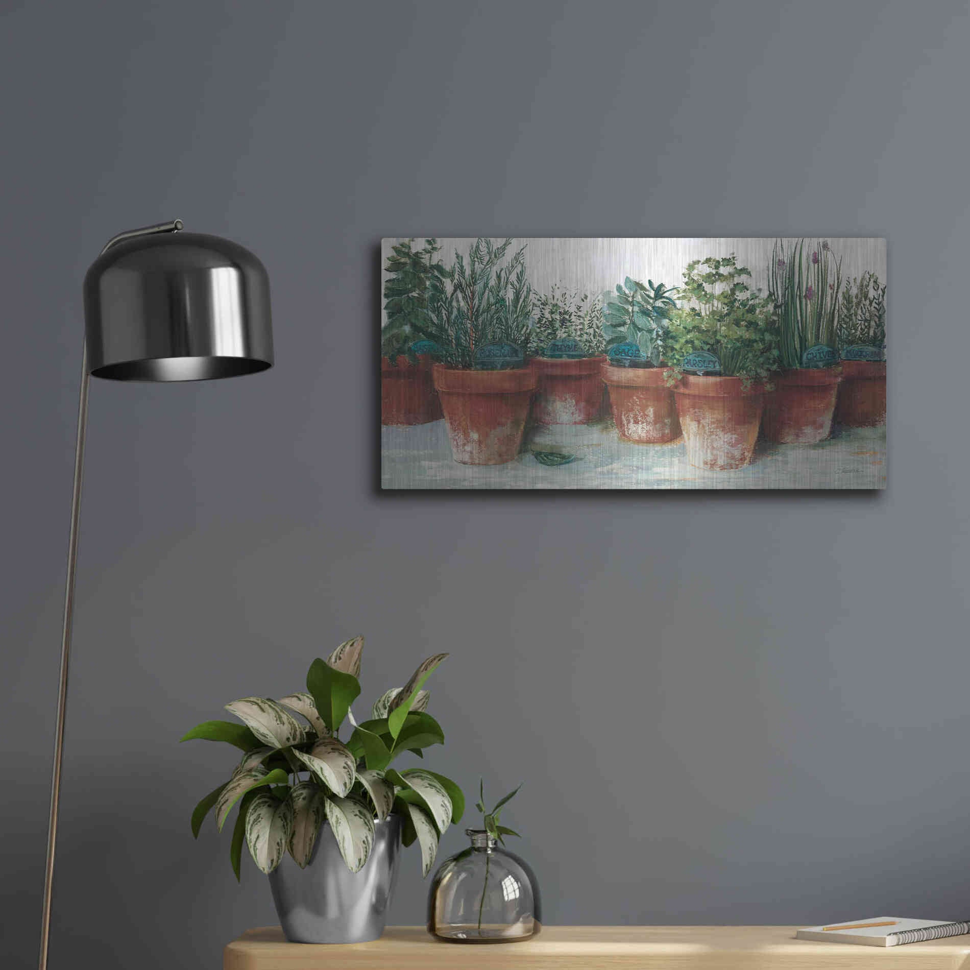 Luxe Metal Art 'Pots Of Herbs II White' by Carol Rowan, Metal Wall Art,24x12