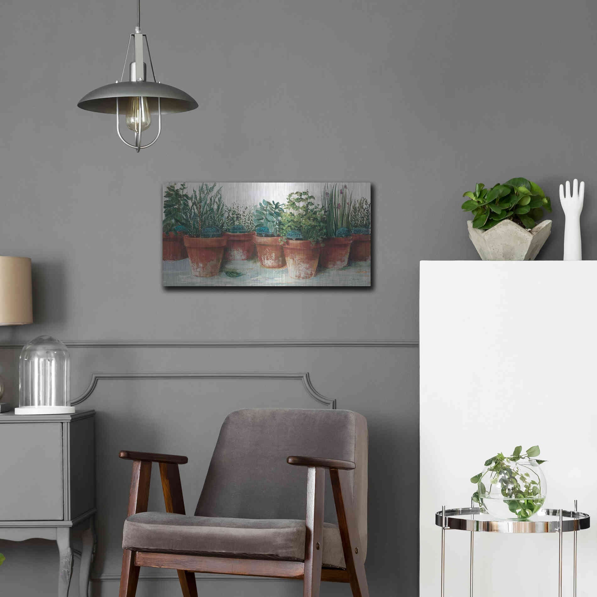 Luxe Metal Art 'Pots Of Herbs II White' by Carol Rowan, Metal Wall Art,24x12