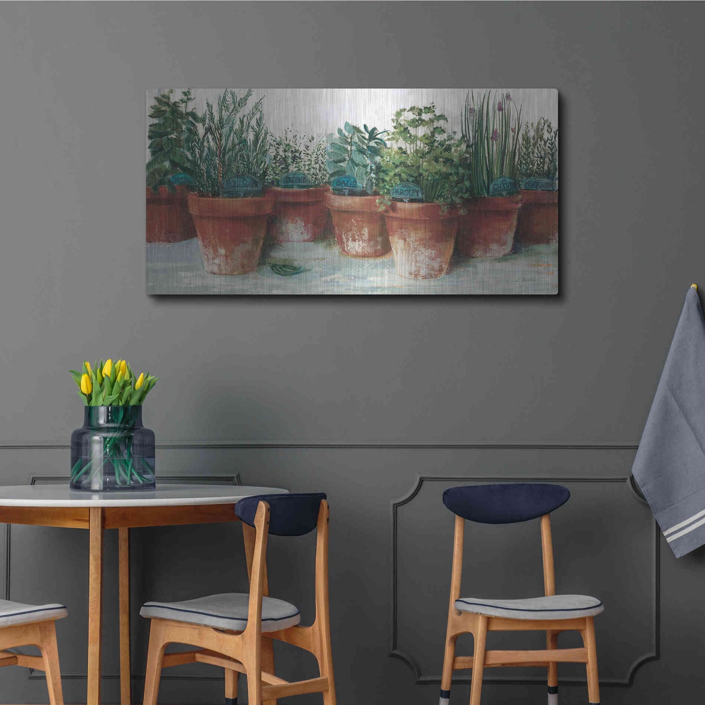 Luxe Metal Art 'Pots Of Herbs II White' by Carol Rowan, Metal Wall Art,48x24