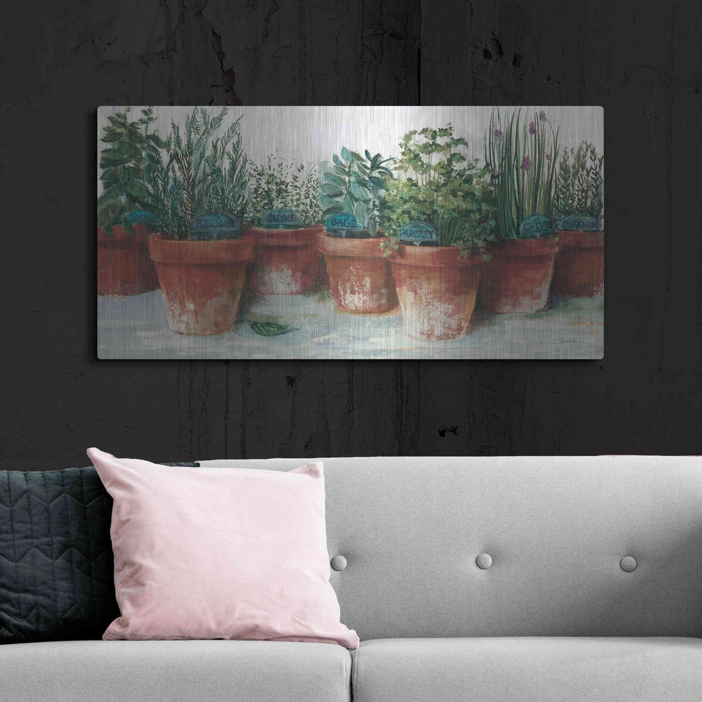 Luxe Metal Art 'Pots Of Herbs II White' by Carol Rowan, Metal Wall Art,48x24