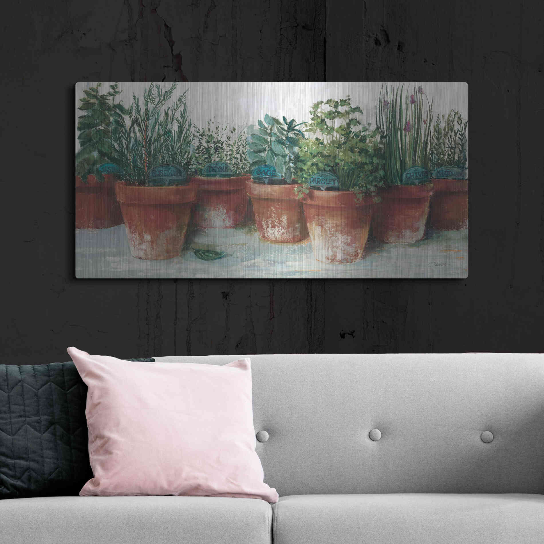 Luxe Metal Art 'Pots Of Herbs II White' by Carol Rowan, Metal Wall Art,48x24