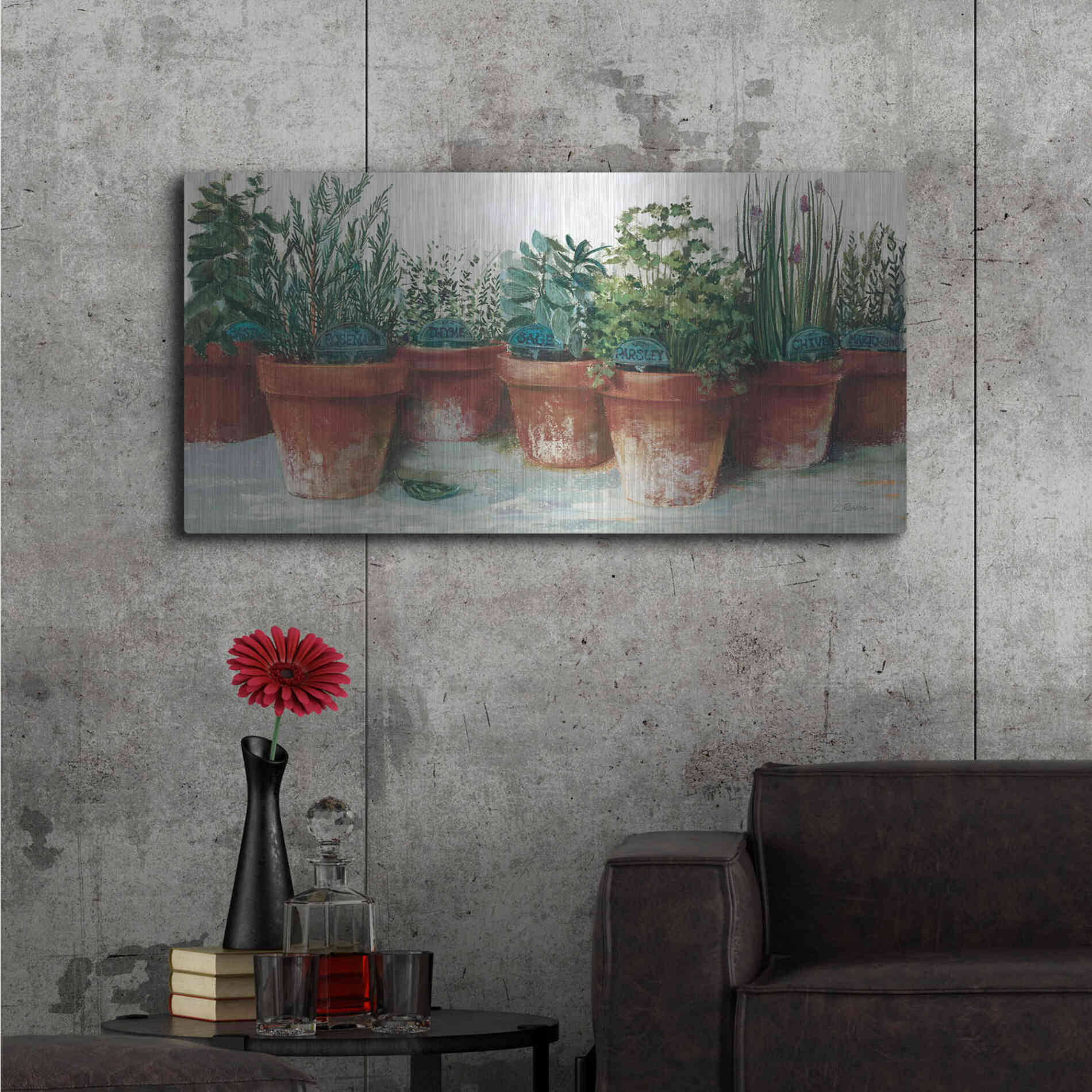 Luxe Metal Art 'Pots Of Herbs II White' by Carol Rowan, Metal Wall Art,48x24