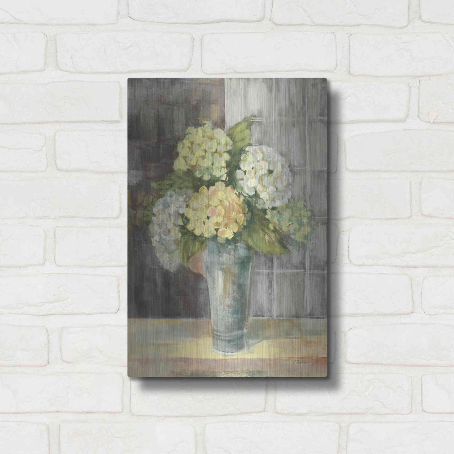 Luxe Metal Art 'Yellow Hydrangea Gray' by Carol Rowan, Metal Wall Art,12x16