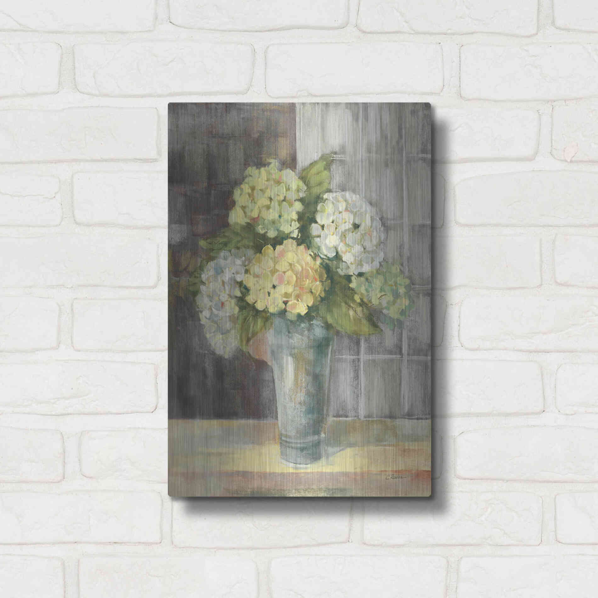 Luxe Metal Art 'Yellow Hydrangea Gray' by Carol Rowan, Metal Wall Art,12x16