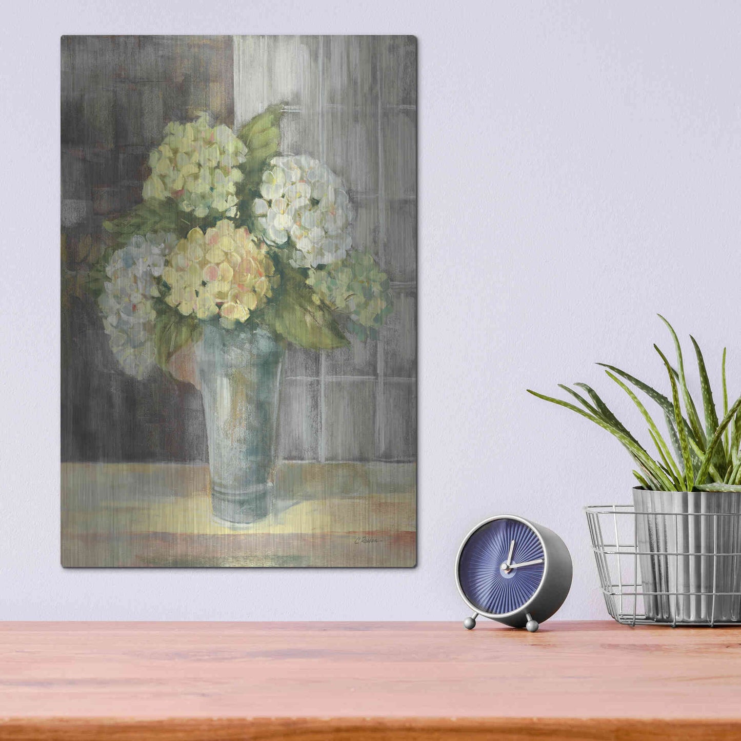 Luxe Metal Art 'Yellow Hydrangea Gray' by Carol Rowan, Metal Wall Art,12x16