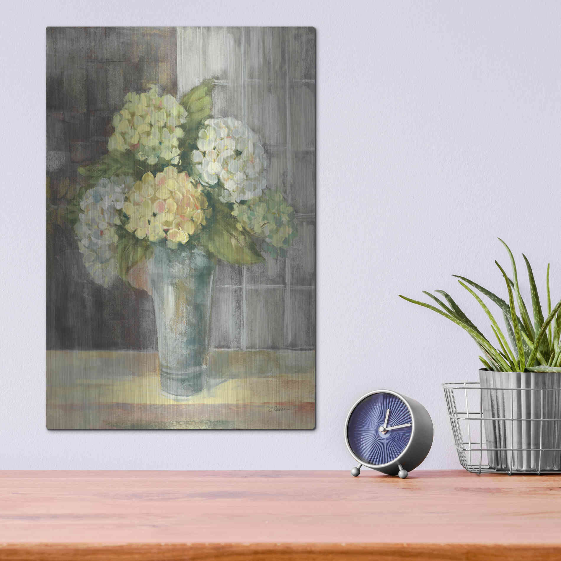 Luxe Metal Art 'Yellow Hydrangea Gray' by Carol Rowan, Metal Wall Art,12x16