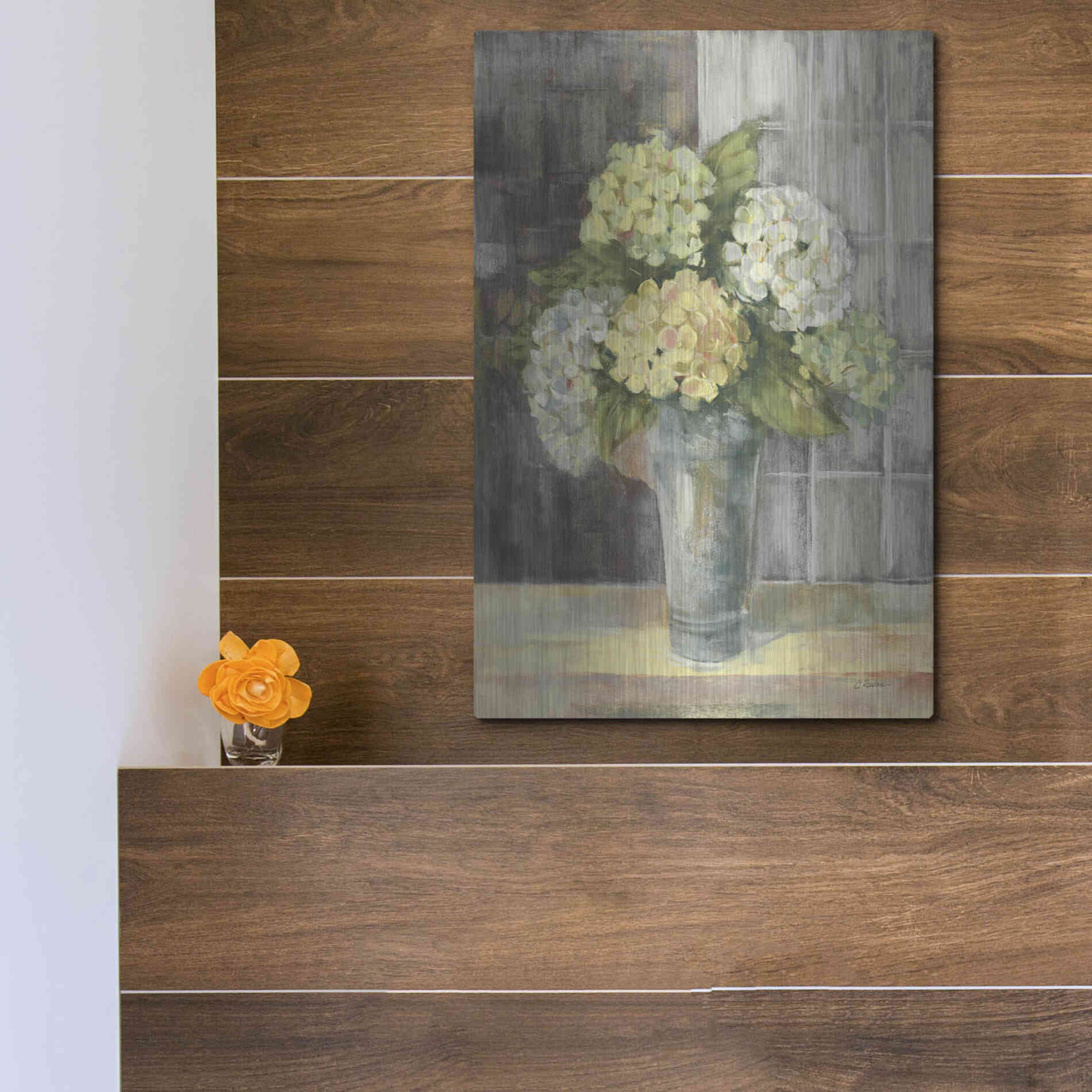 Luxe Metal Art 'Yellow Hydrangea Gray' by Carol Rowan, Metal Wall Art,12x16