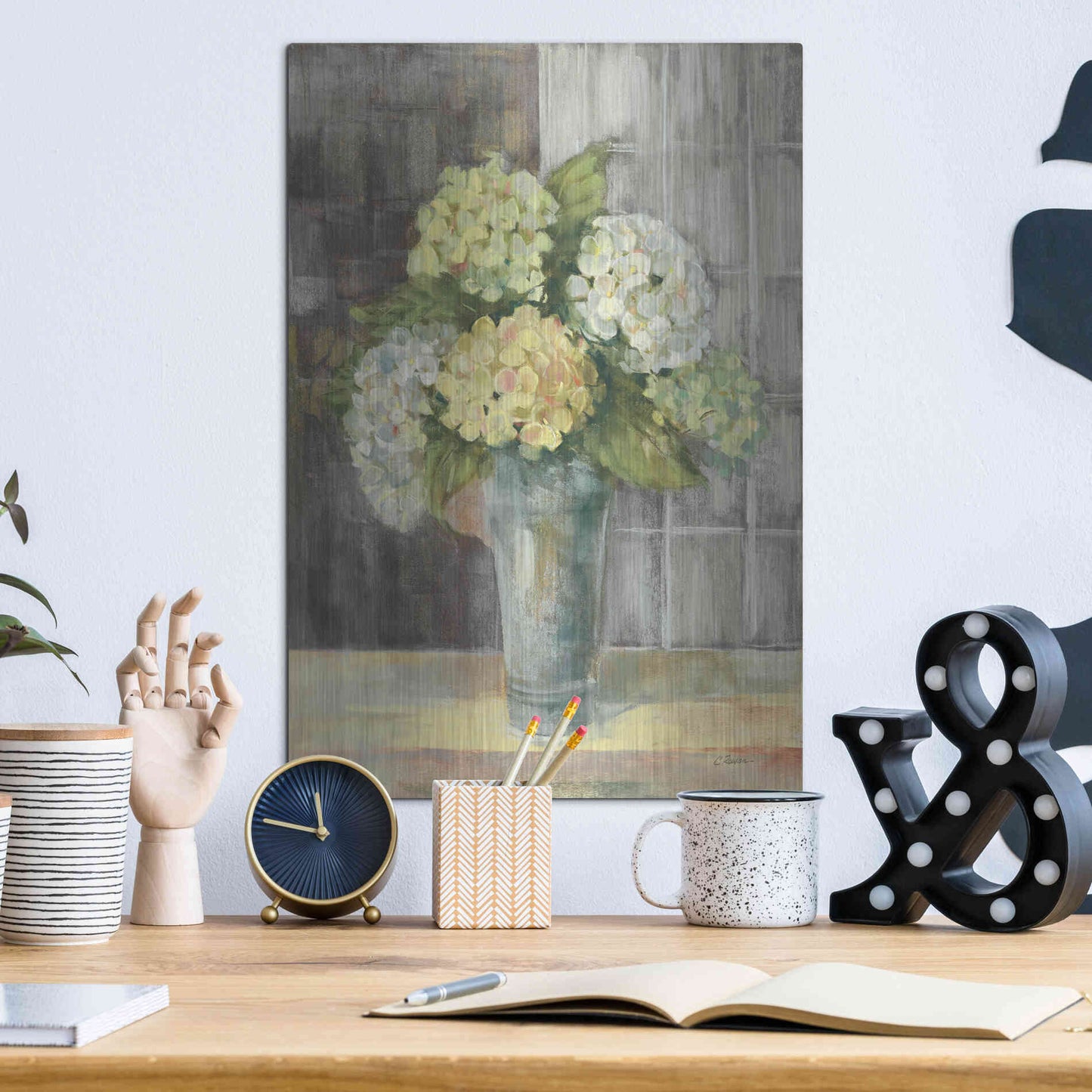 Luxe Metal Art 'Yellow Hydrangea Gray' by Carol Rowan, Metal Wall Art,12x16