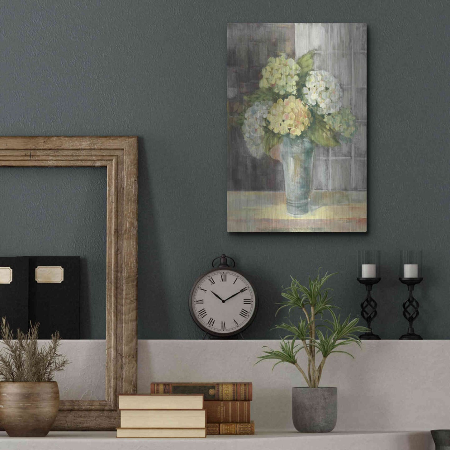 Luxe Metal Art 'Yellow Hydrangea Gray' by Carol Rowan, Metal Wall Art,12x16