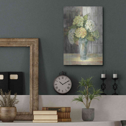 Luxe Metal Art 'Yellow Hydrangea Gray' by Carol Rowan, Metal Wall Art,12x16